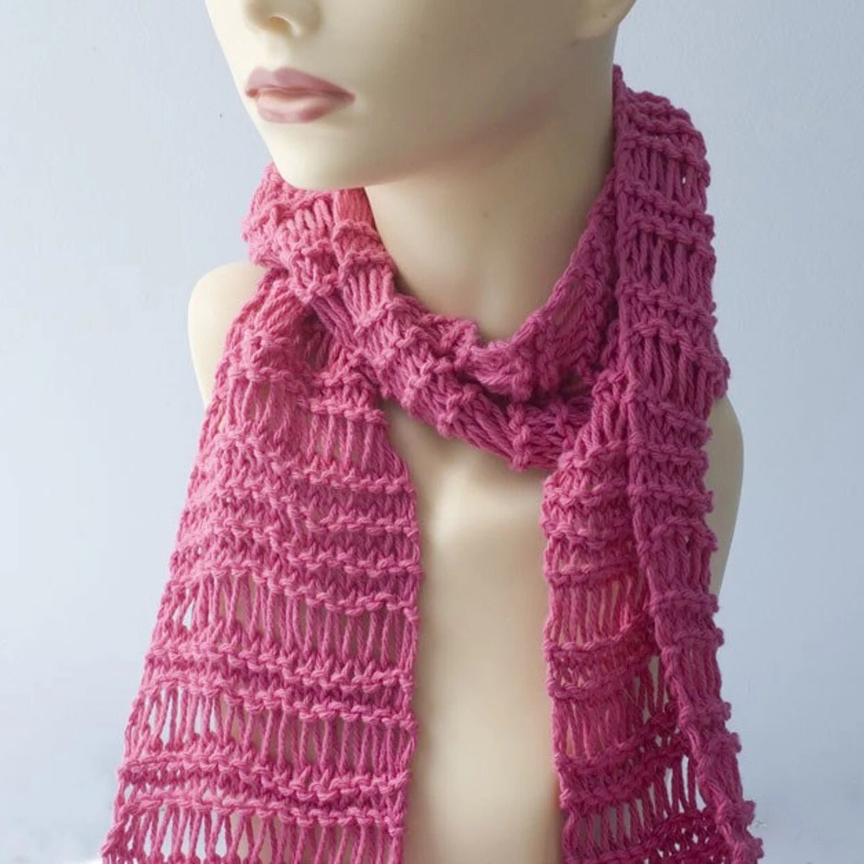 Hand Knit Cotton Skinny Scarf, Summer, Chose Color | MakerPlace by