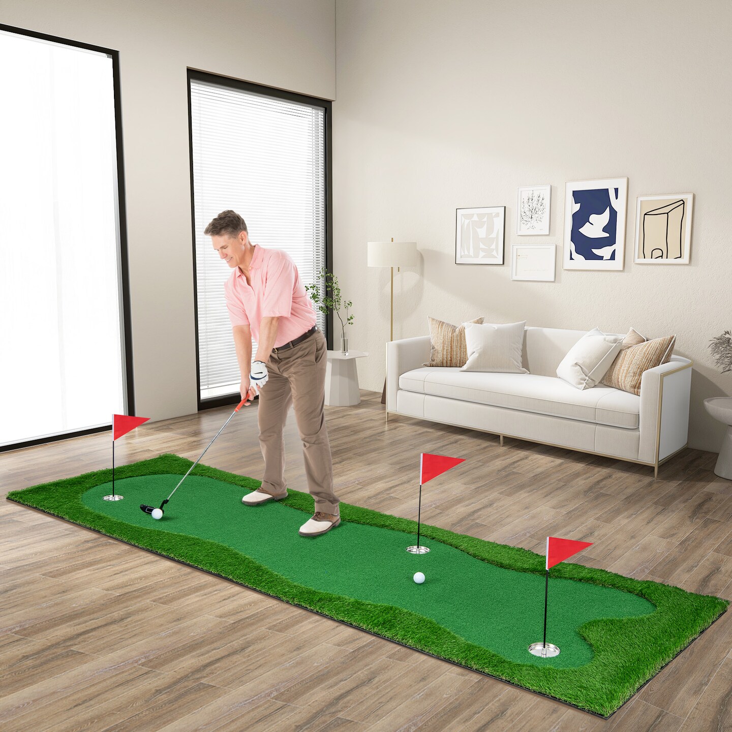 Green Golf Putting Green PP Rubber 3 Holes Complete Accessory Set Portable