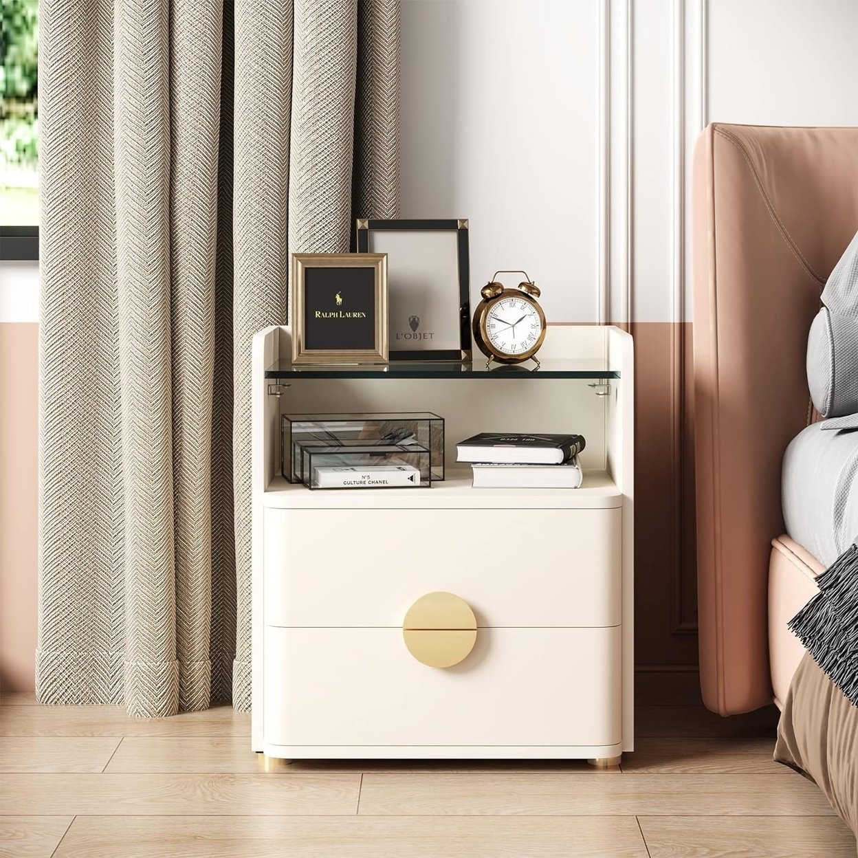 Tribesigns Modern Nightstand Beige 2-Drawer Wood Bedside Table With Glass Top
