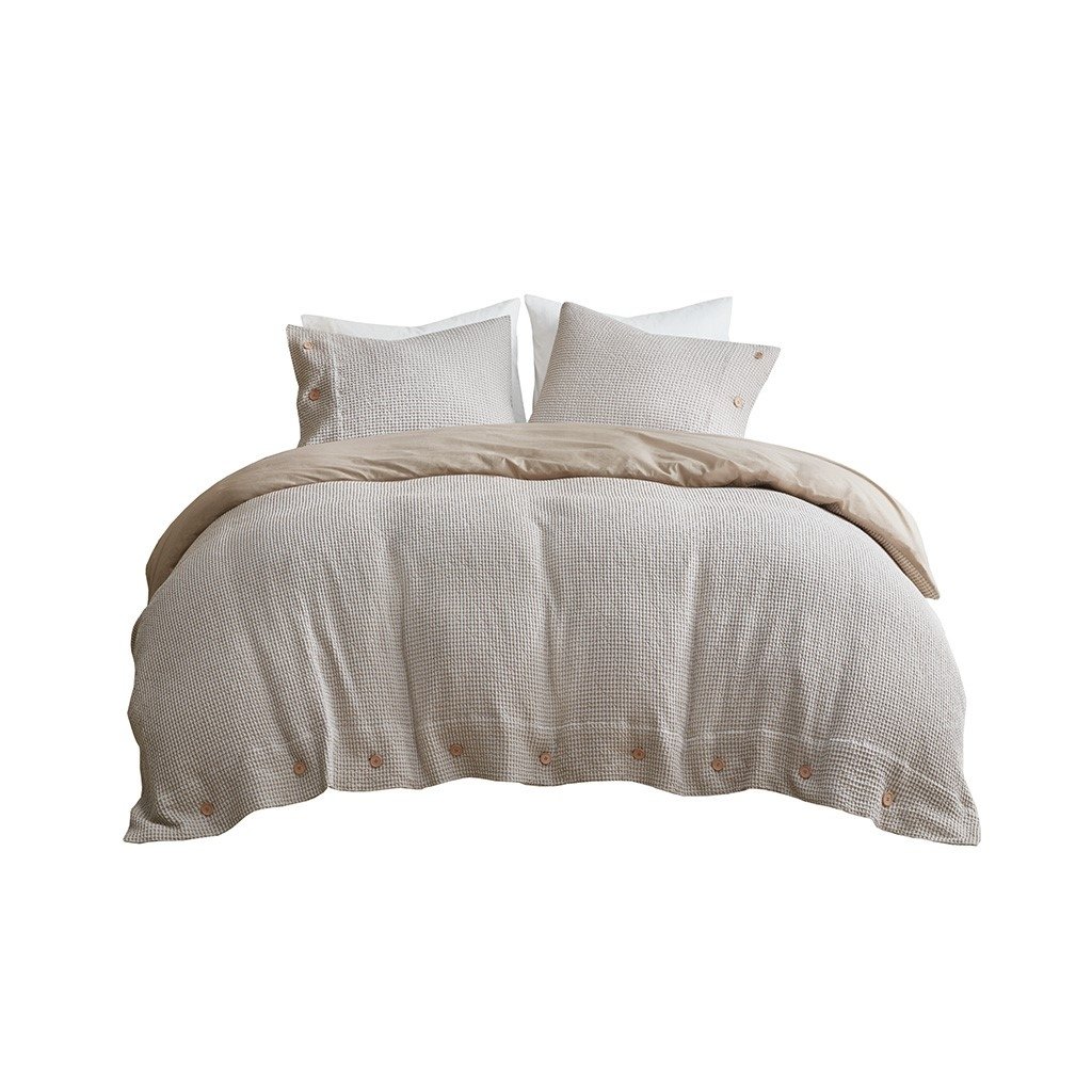 Gracie Mills Miranda Taupe Duvet Cover Set Cotton Bamboo Blend Waffle Weave 3Pc