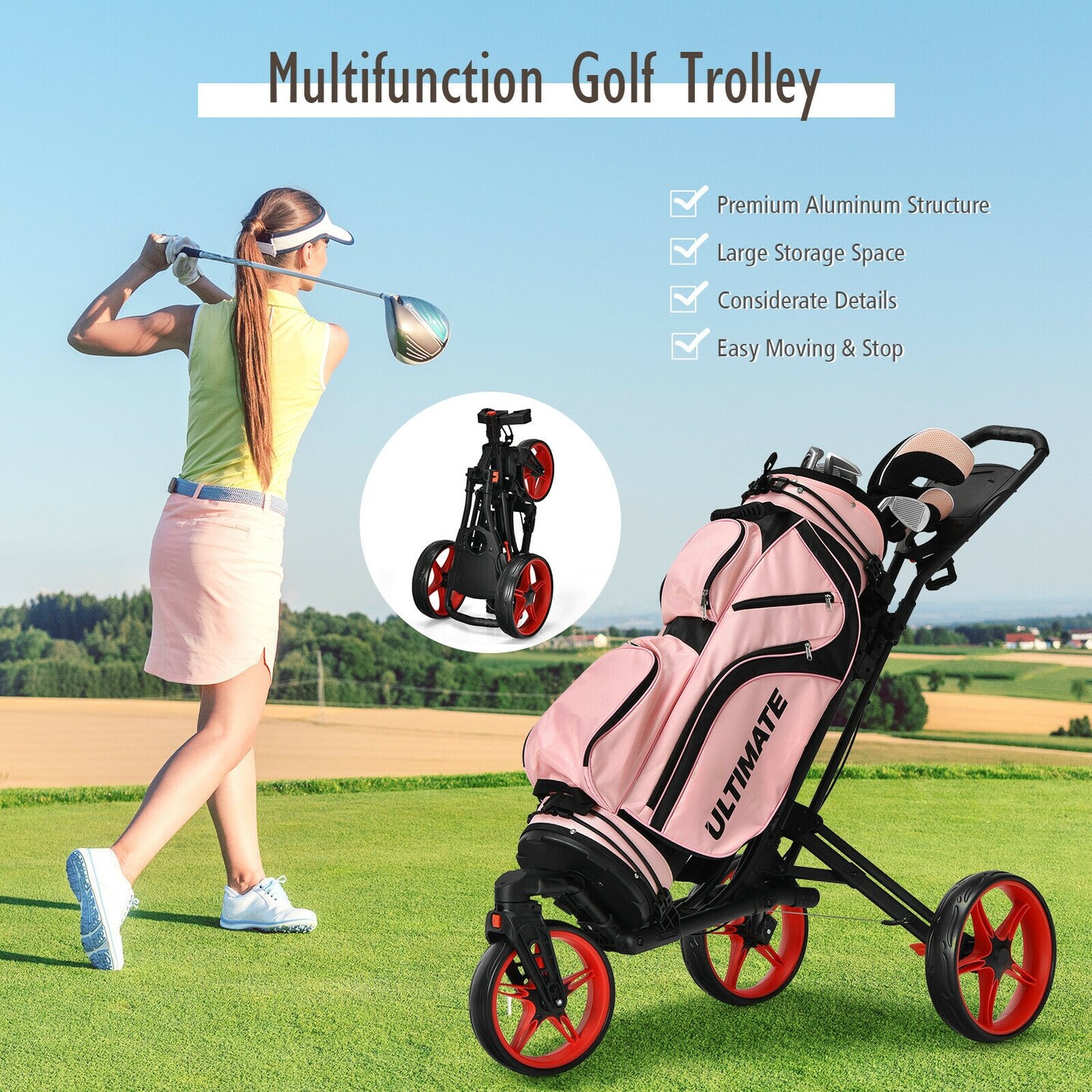 Folding 3 Wheels Golf Push store Cart with Bag Scoreboard Adjustable Handle