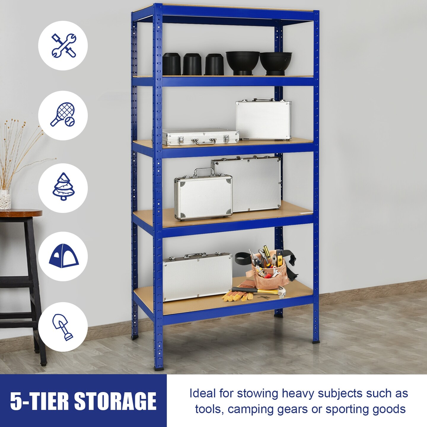 5 Tier Garage Storage Shelf Heavy Duty Steel Rack with Adjustable MDF Shelves for Home and Shop
