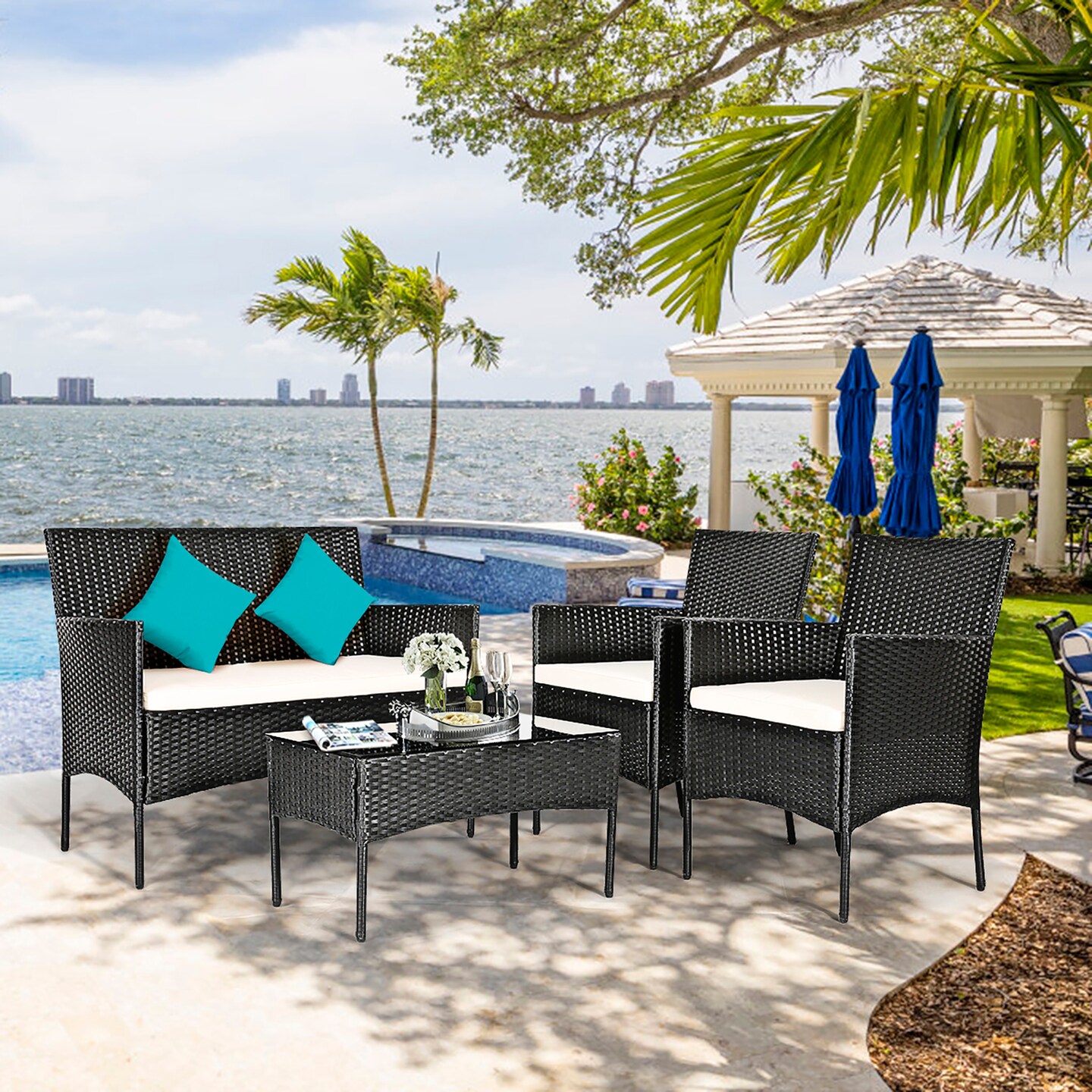 Costway 4PCS Patio Furniture Set Rattan Wicker Conversation Set Outdoor