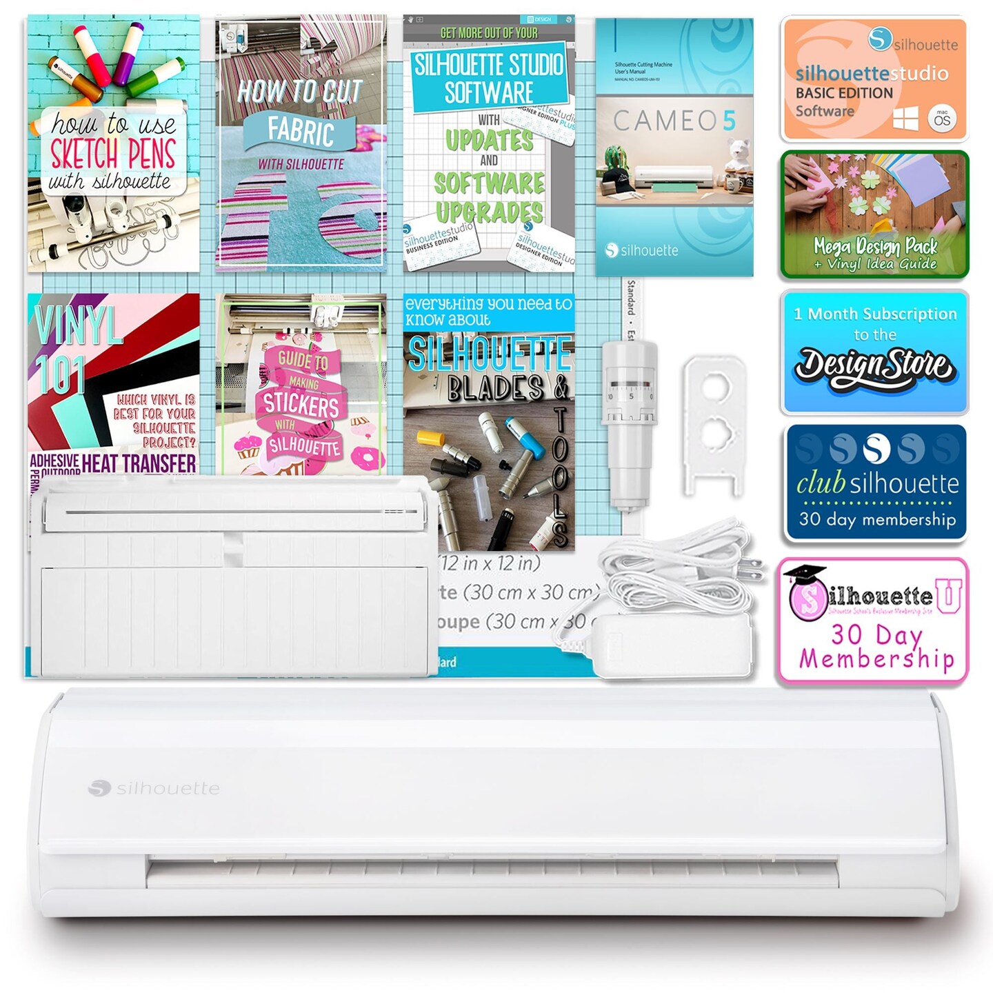 Silhouette White Cameo 5 w/ 38 Oracal Sheets, Siser HTV, Guides, 24 Pens