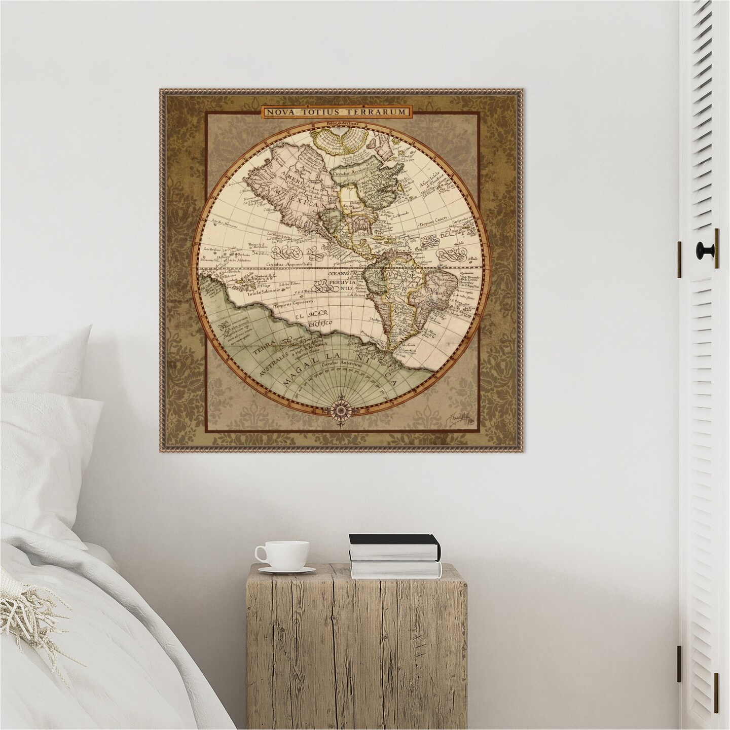 Damask World Map I by Elizabeth Medley Framed Canvas Wall Art