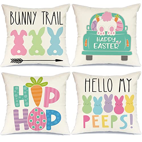 GEEORY Easter Pillow Covers 18x18 Set of 4 Easter Decorations for Home Bunny Truck Hello Peeps Hip Hop Pillows Easter Decorative Throw Pillows Spring Easter Farmhouse Decor