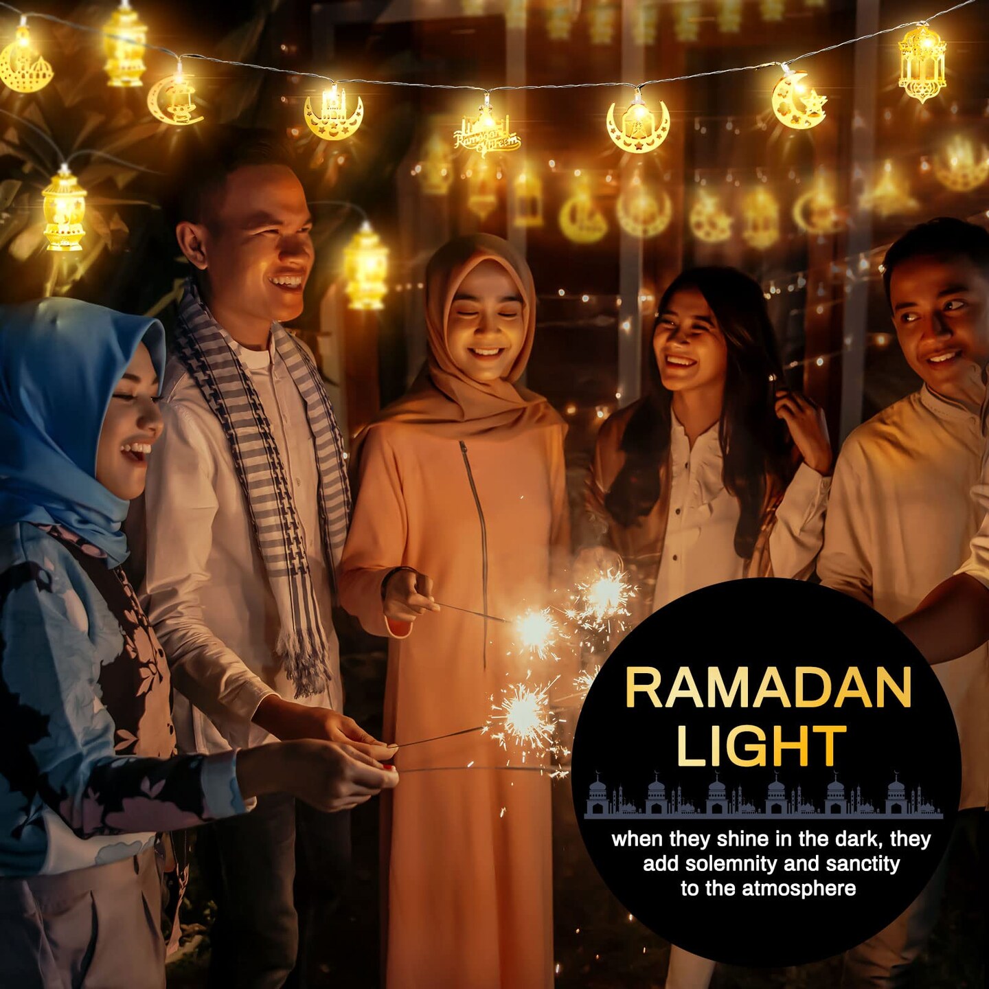 Ramadan Eid String Light 2 Pcs Battery Operated Star Moon Lantern Lamp Mubarak Moon String Lights Indoor Ramadan Decorations for Room Outdoor Decor, Each 6.56 Feet 10 LEDs (Vintage Style)