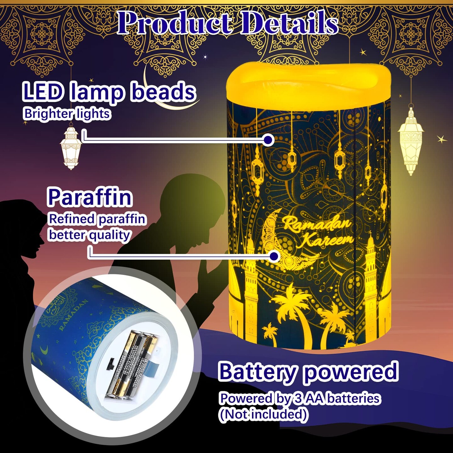 3 Pieces Eid Mubarak Flameless LED Candles Lights Eid Decor Candle Lights with Timer Warm White Battery Operated Electric Led Muslim Ramadan Candle Lights for Party Supplies Home Decor