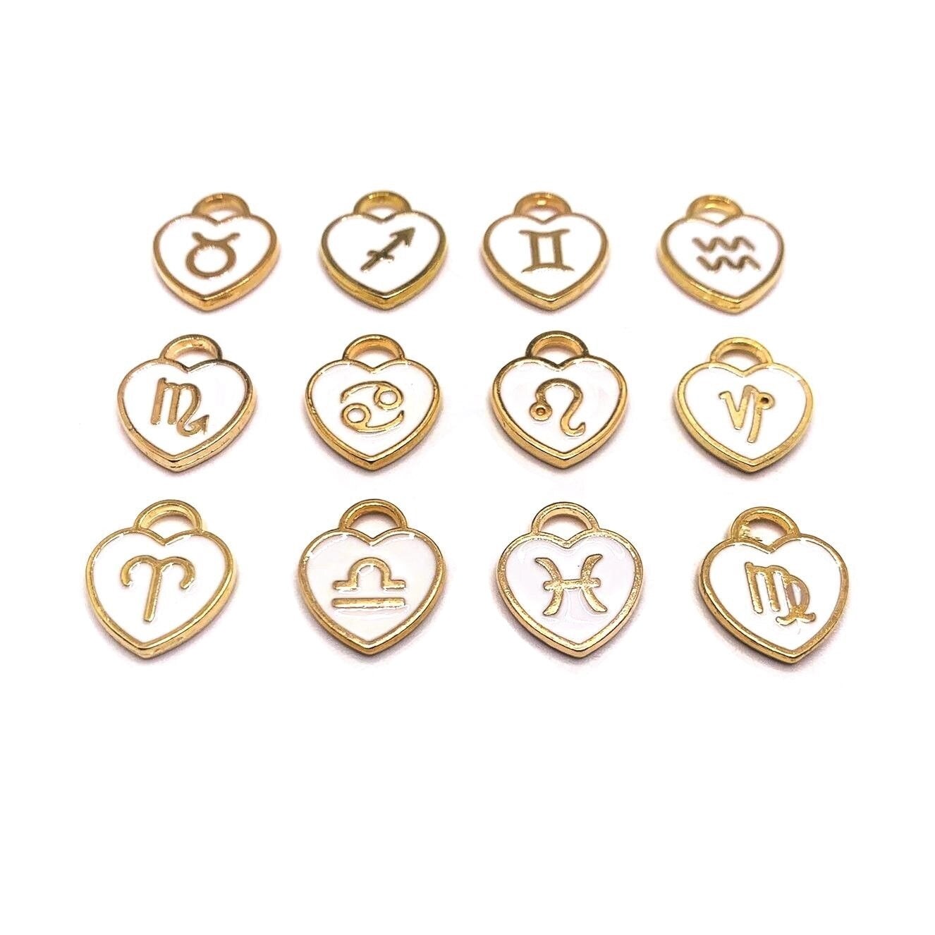 12 or 60 Pieces: White Enamel and Gold Zodiac/Astrology Heart Charms, Double Sided