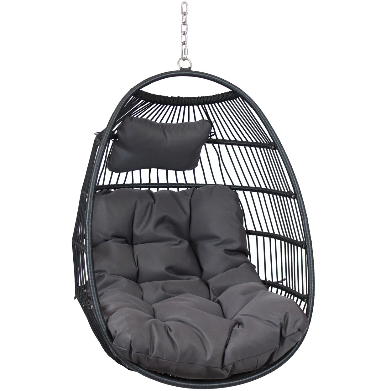 Sunnydaze Black Polyethylene Wicker Hanging Egg Chair With Cushions - Gray