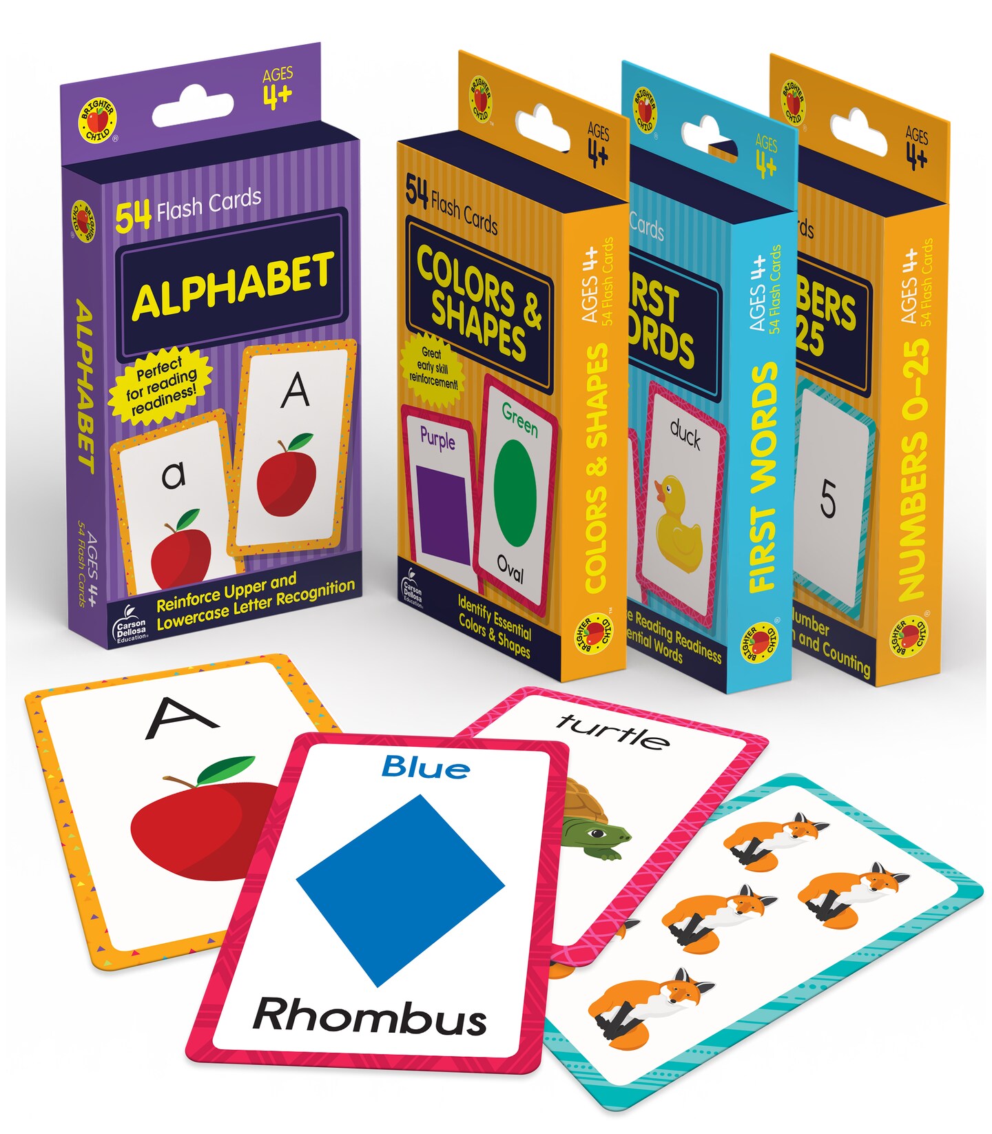 Carson Dellosa 216 Toddler Flash Cards, 4 Pack of Sight Words, Alphabet, Numbers, Colors and Shapes Flashcards Ages 4 and Up, Phonics and Math Kindergarten and Preschool Learning Activities