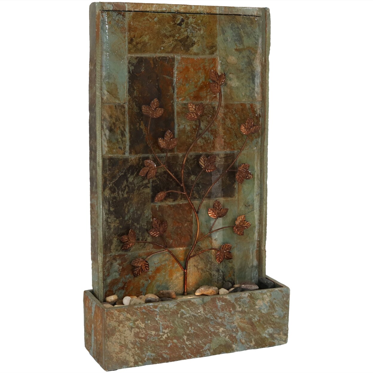 Sunnydaze Natural Slate Floor Water Fountain with Vines/LED Lights - 32 in