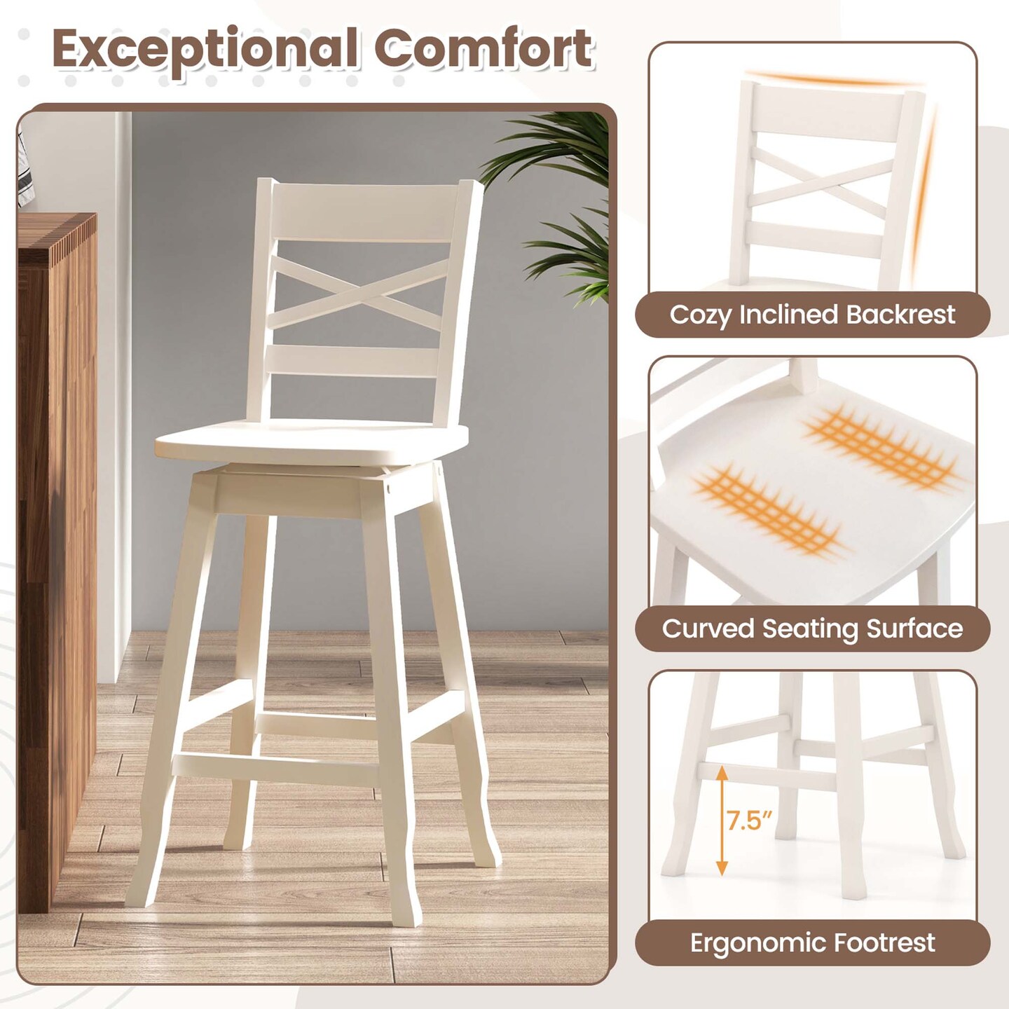 Costway 2 PCS 24"/30" Counter/Bar Height Stool Rubber Wood Swivel Bar Stool with Inclined Backrest Cream