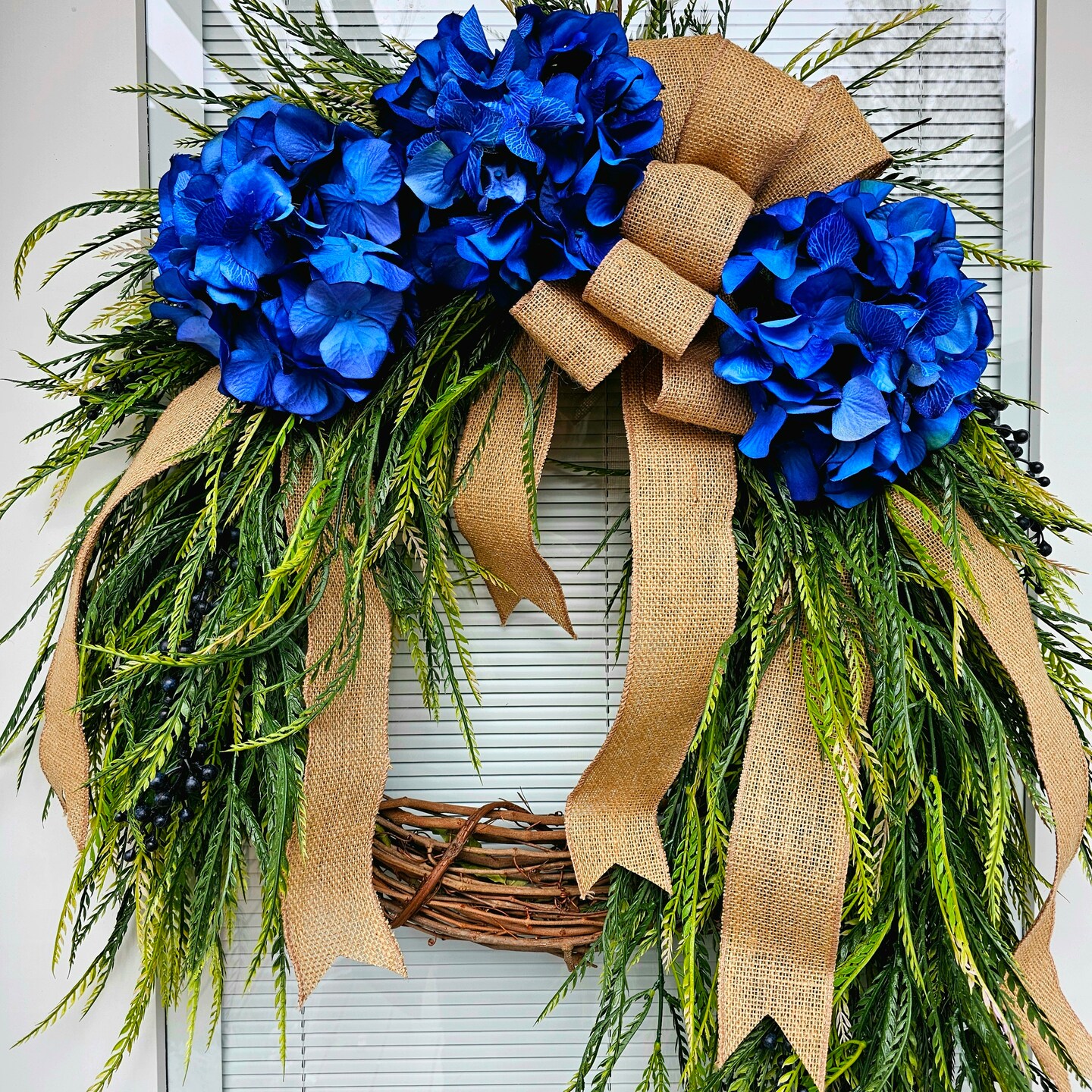 Blue Hydrangea Greenery Wreath For Front Door, Double Door