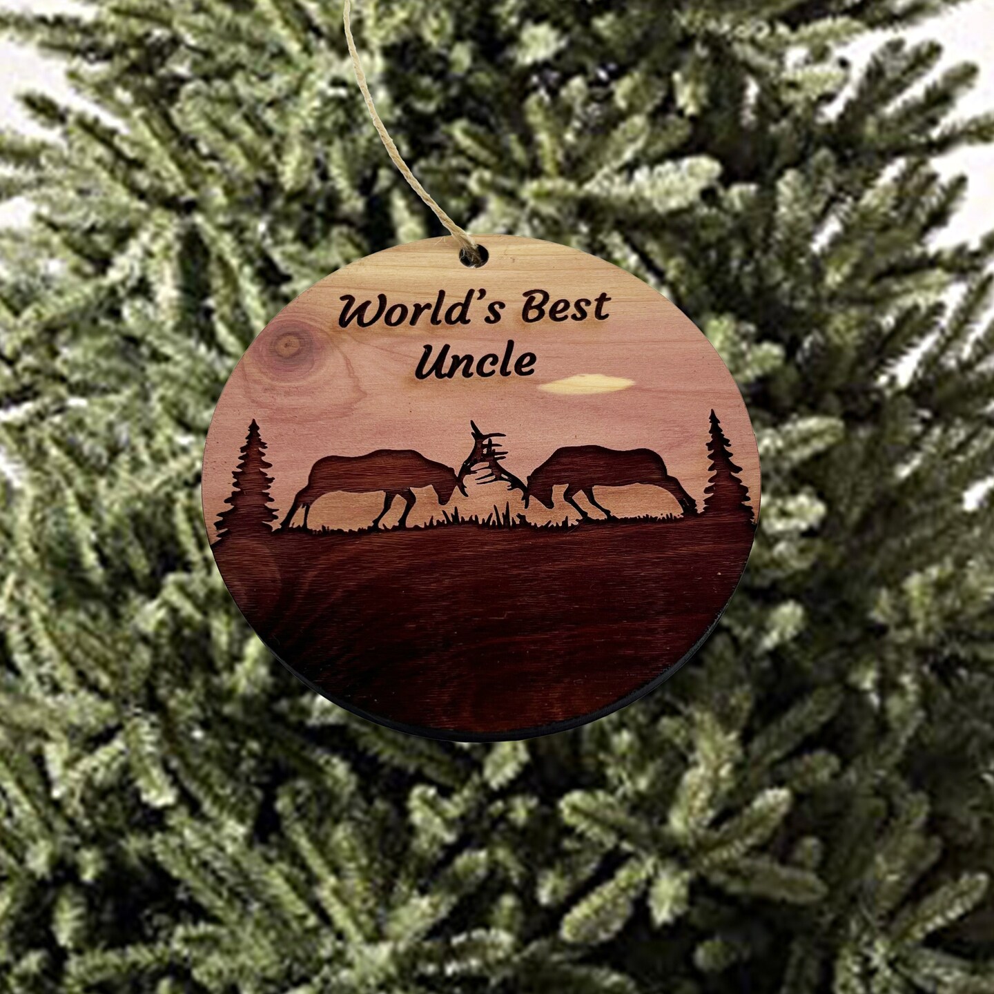 Worlds Best Uncle Elk Battle - Cedar Ornament Worlds Best Uncle Elk Battle - Cedar Ornament