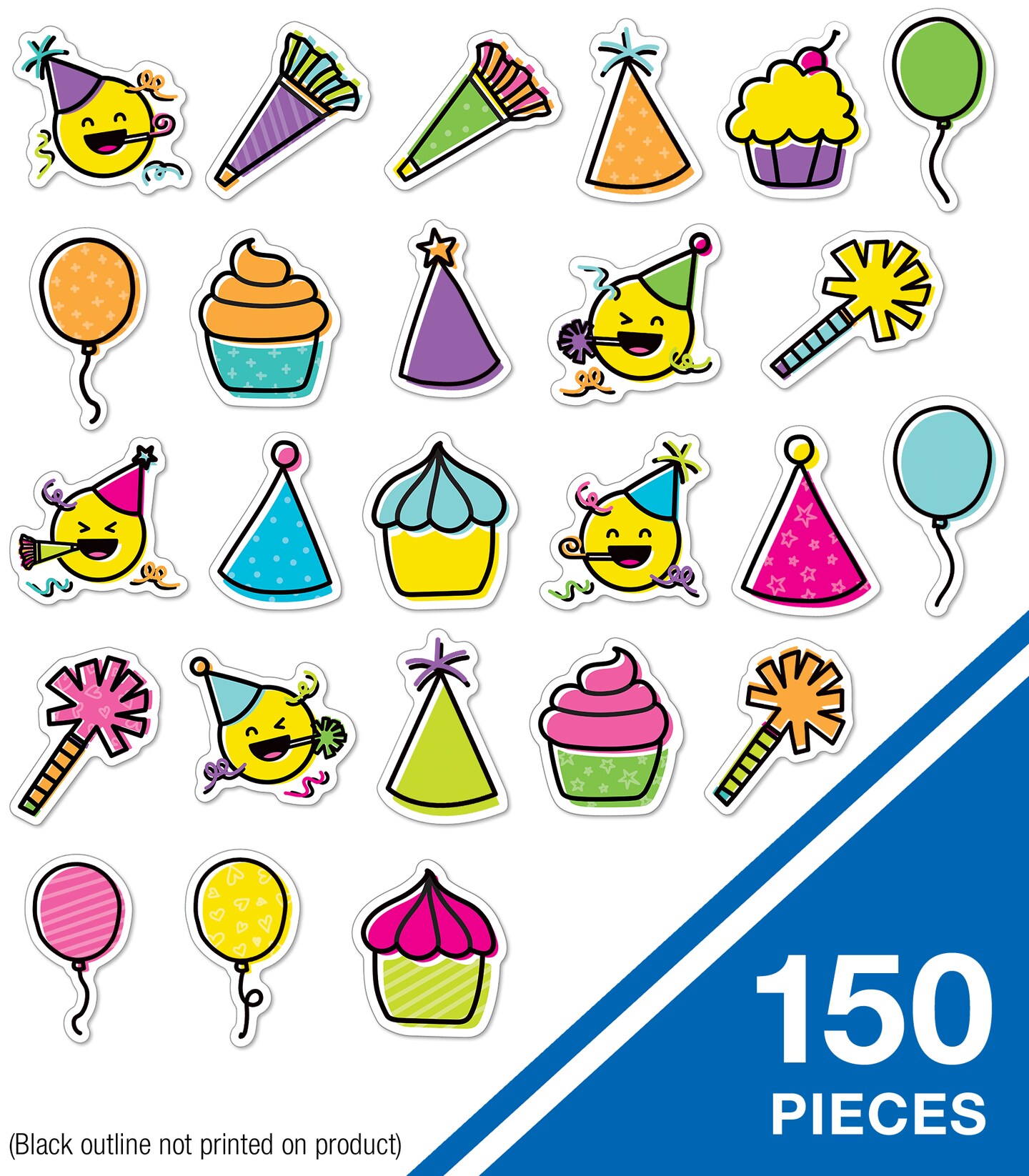 Carson Dellosa Kind Vibes 150-Piece Happy Birthday Cutouts, Colorful Cardstock Balloon, Emoji, and Cupcake Decorations for Party, Bulletin Board, and Classroom Decor