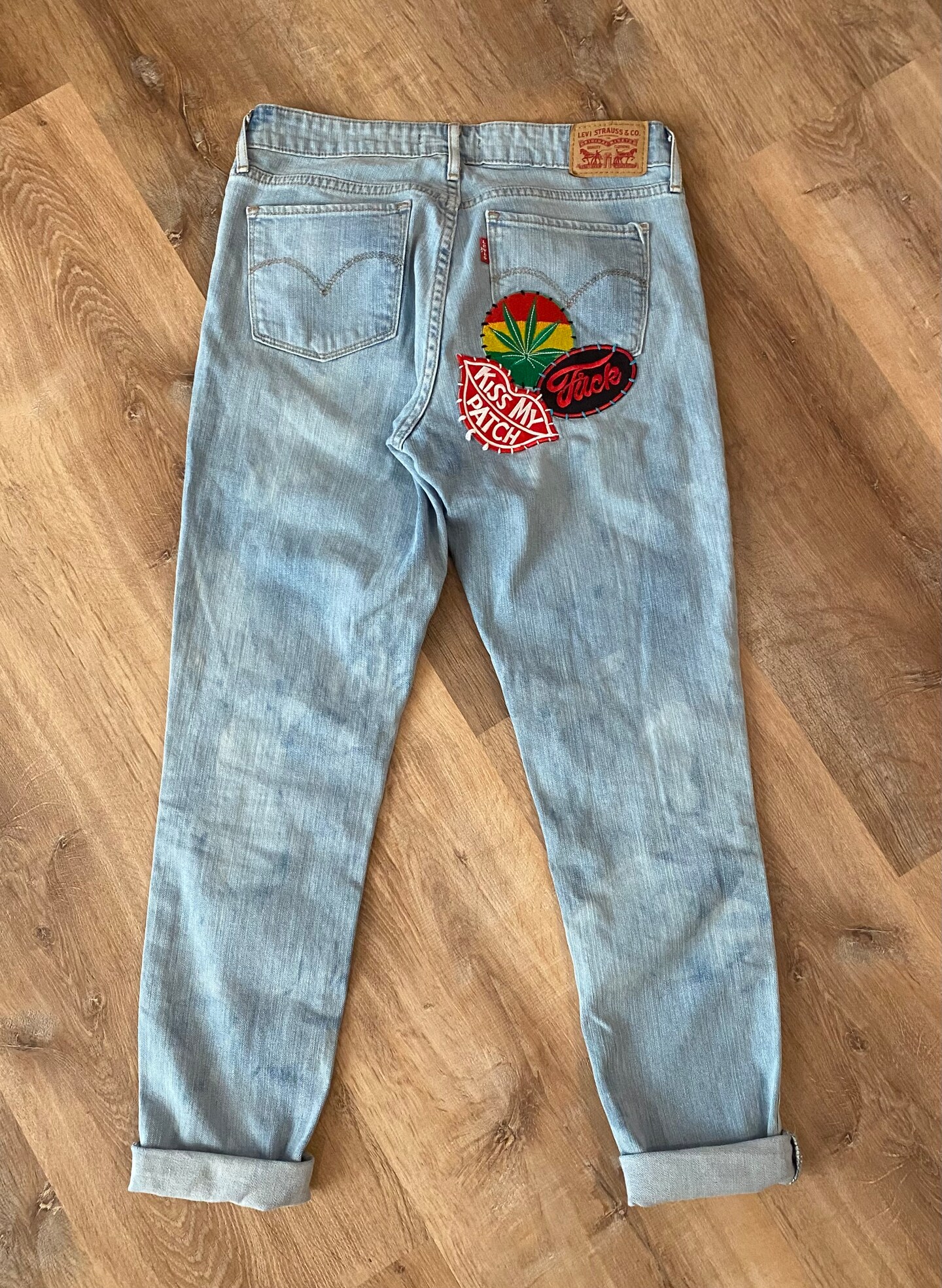 Custom, One of a kind, Patched, Embroidered, Re-worked Jeans