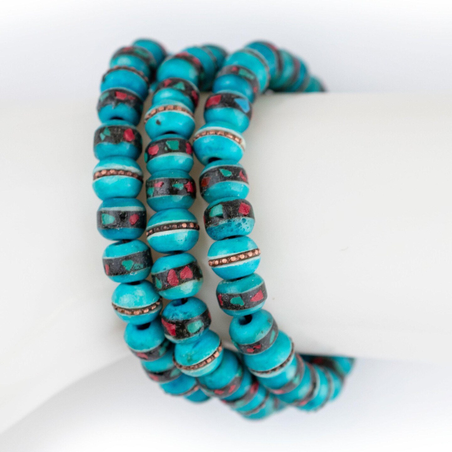 TheBeadChest Mala Stretch Bracelet, Turquoise Blue - Stackable Nepal Bone Inlaid with Turquoise &#x26; Coral Colors, 100% Authentic and Genuine