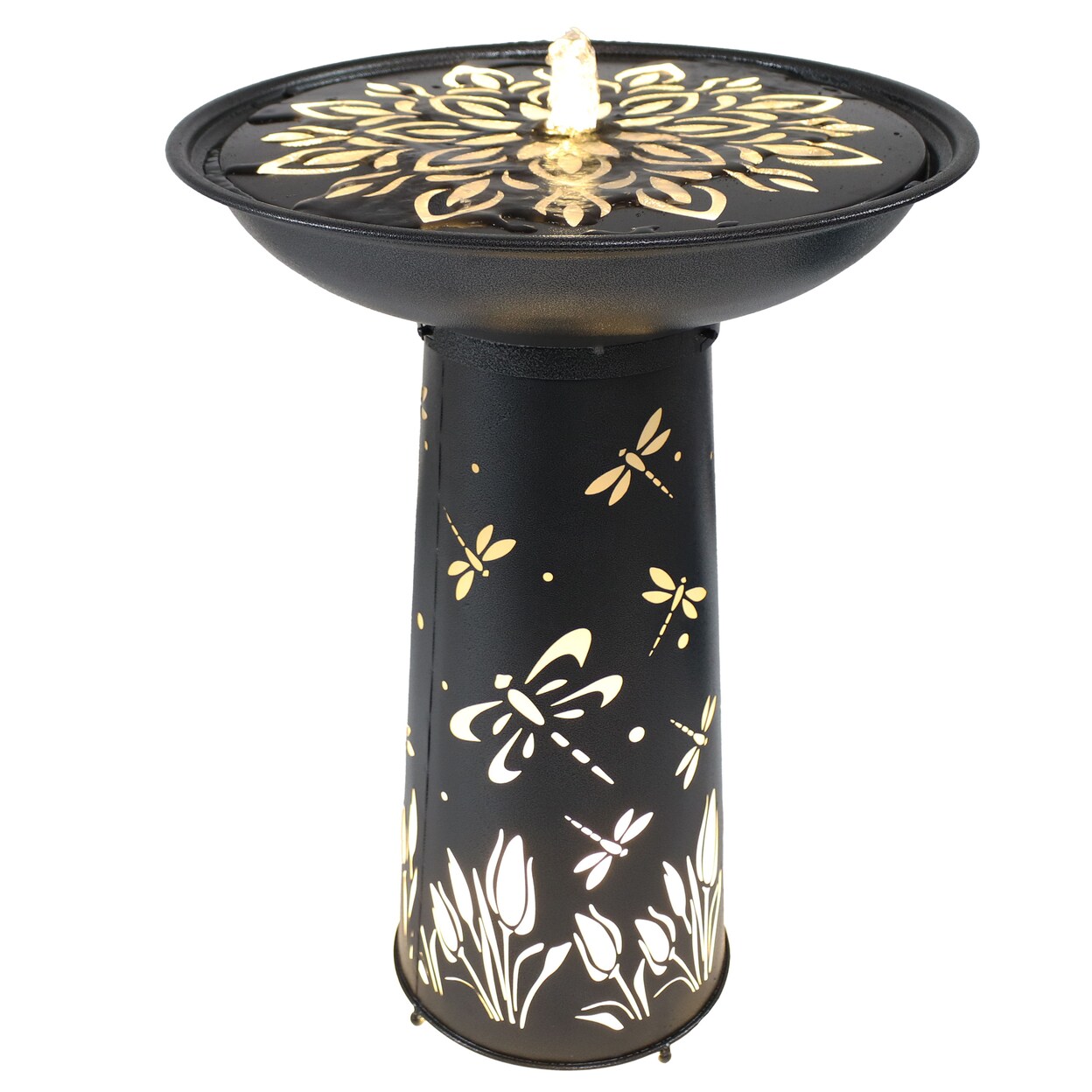 Sunnydaze   Dragonfly Delight Metal Bird Bath Water Fountain with LED Lights