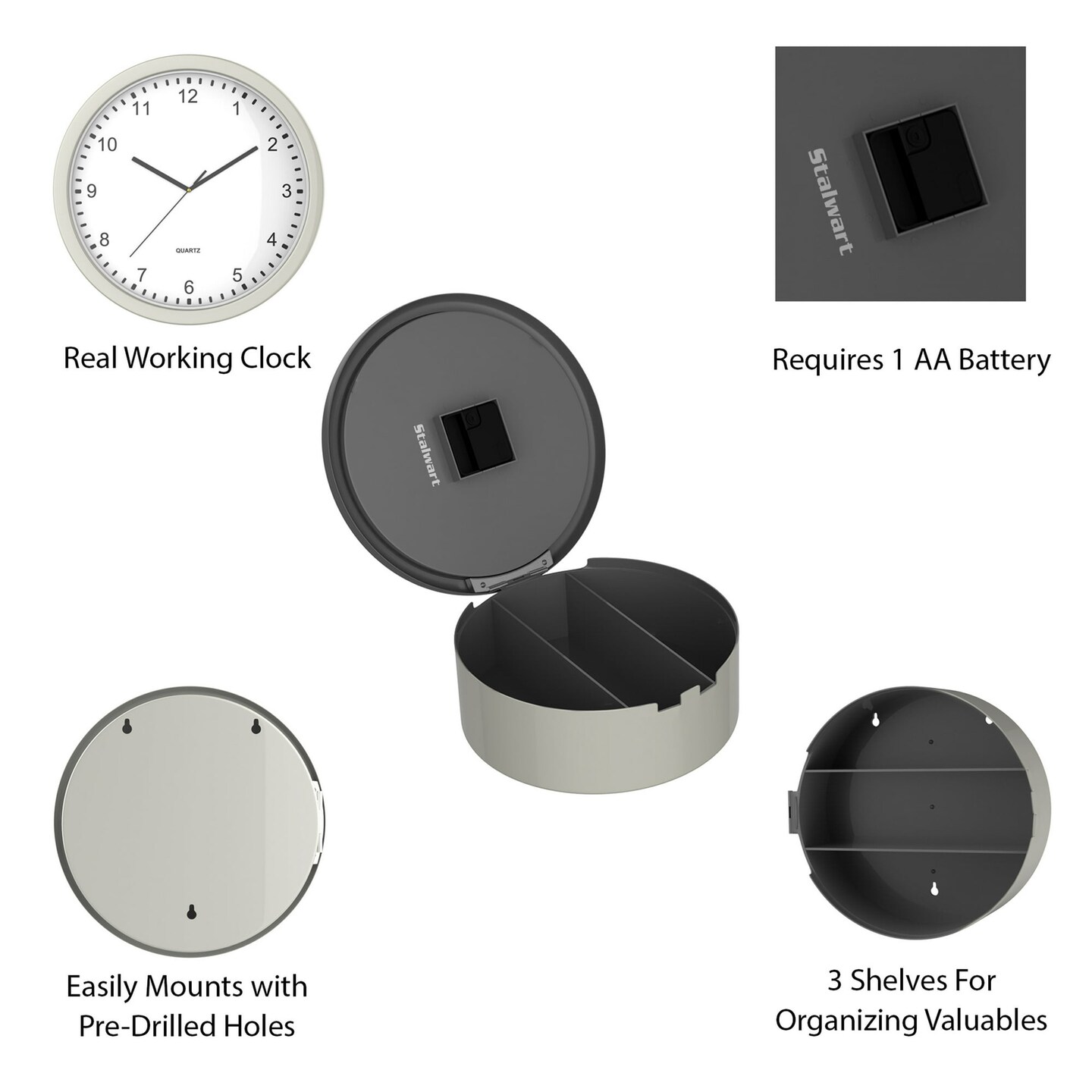 Hidden Compartment Wall Clock - 10&#x22; Analog Battery Operated Clock with Secret Storage for Jewelry, Cash, Valuables
