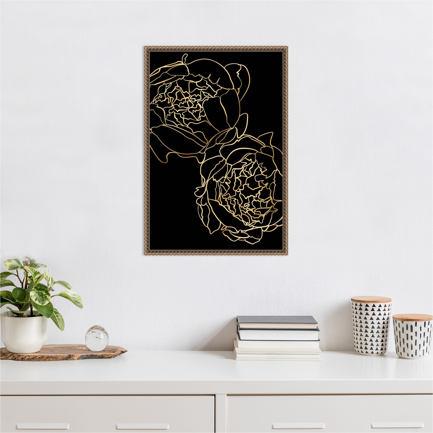 Sally's peonies in gold and black by Rosana Laiz Blursbyai Framed Canvas Wall Art