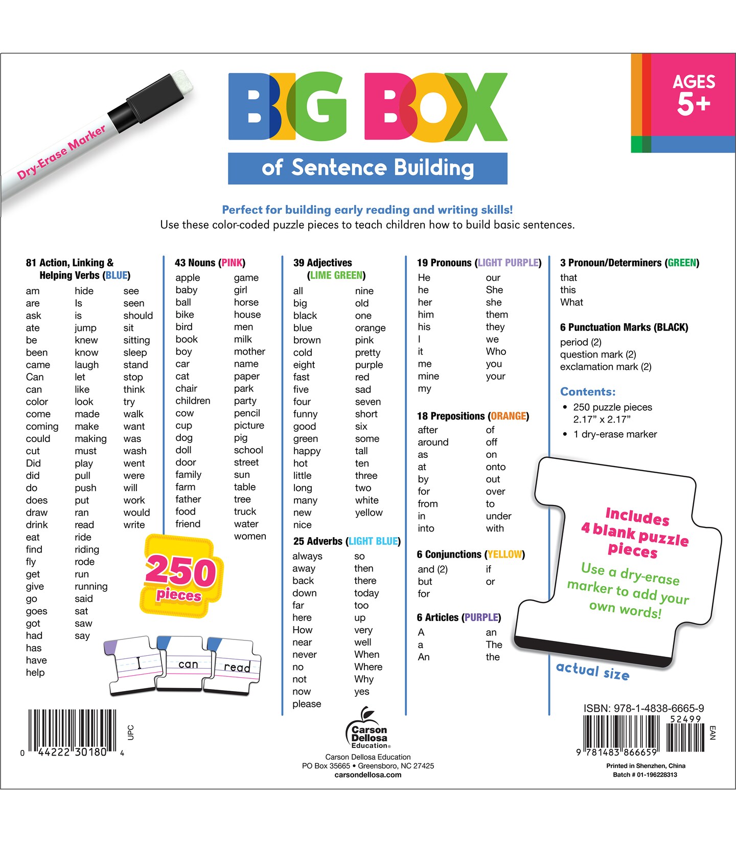 Carson Dellosa Big Box of Sentence Building for Kids, Write On Wipe Off Game With Color-Coded Parts of Speech Pieces and Dry Erase Marker, 250pc Toddler Puzzle Ages 5+