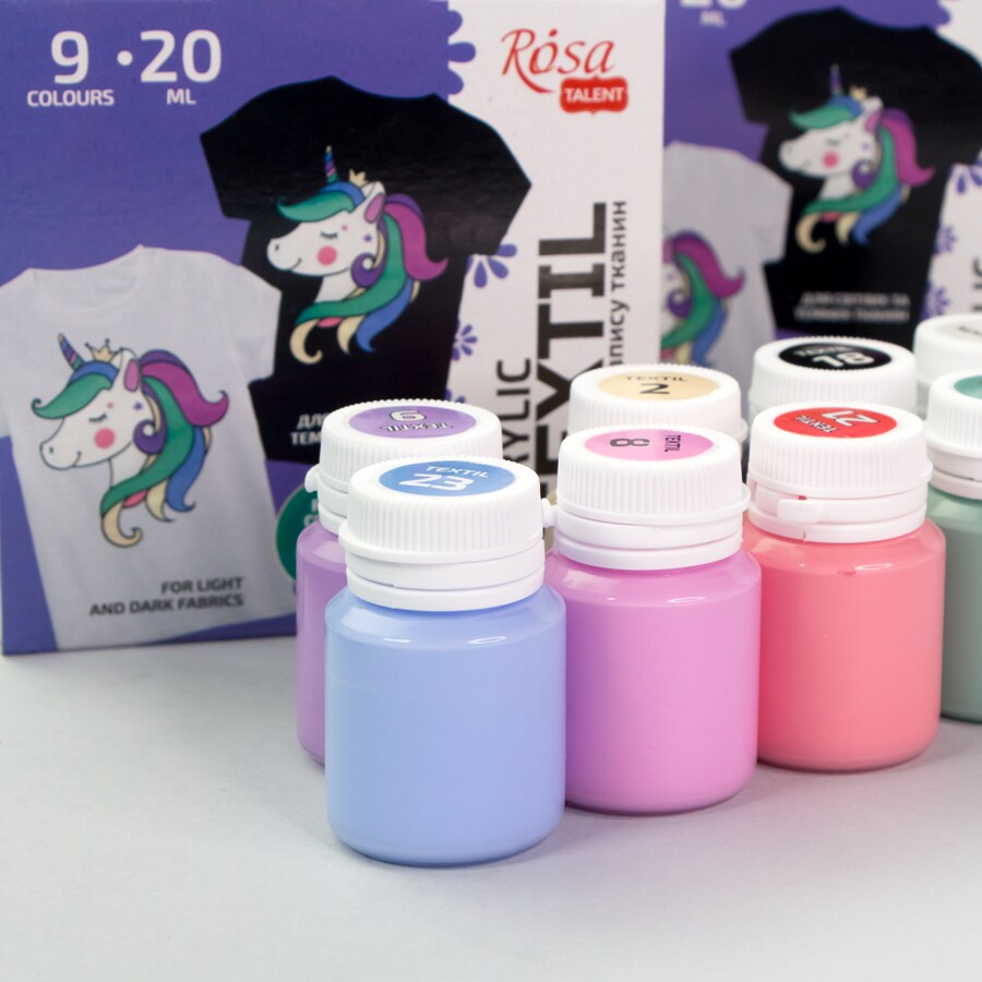UNICORN Textile Acrylic Paint Set 9 pastel colors (20ml) by Rosa