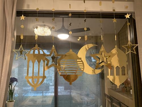 16 Pieces Islamic Gold Star Crescent Moon Lantern Ramadan Garland EID Decoration Home Happy Ramadan Mubarak Party Decor Hanging Streamer Wedding Backdrop Banner Aladdin Birthday Party Supplies