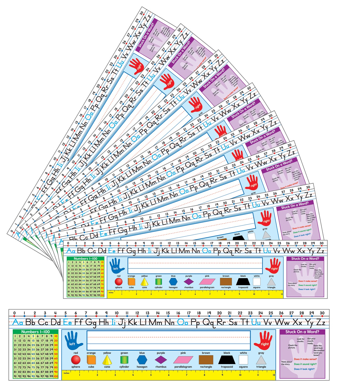 Carson Dellosa 30-Piece 17 1/2&#x201D; x 4&#x201D; Quick Stick Traditional Manuscript Adhesive Classroom Nameplates, Adhesive Student Desk Tags for Classrooms With Ruler, Shapes, Numbers, and Alphabet