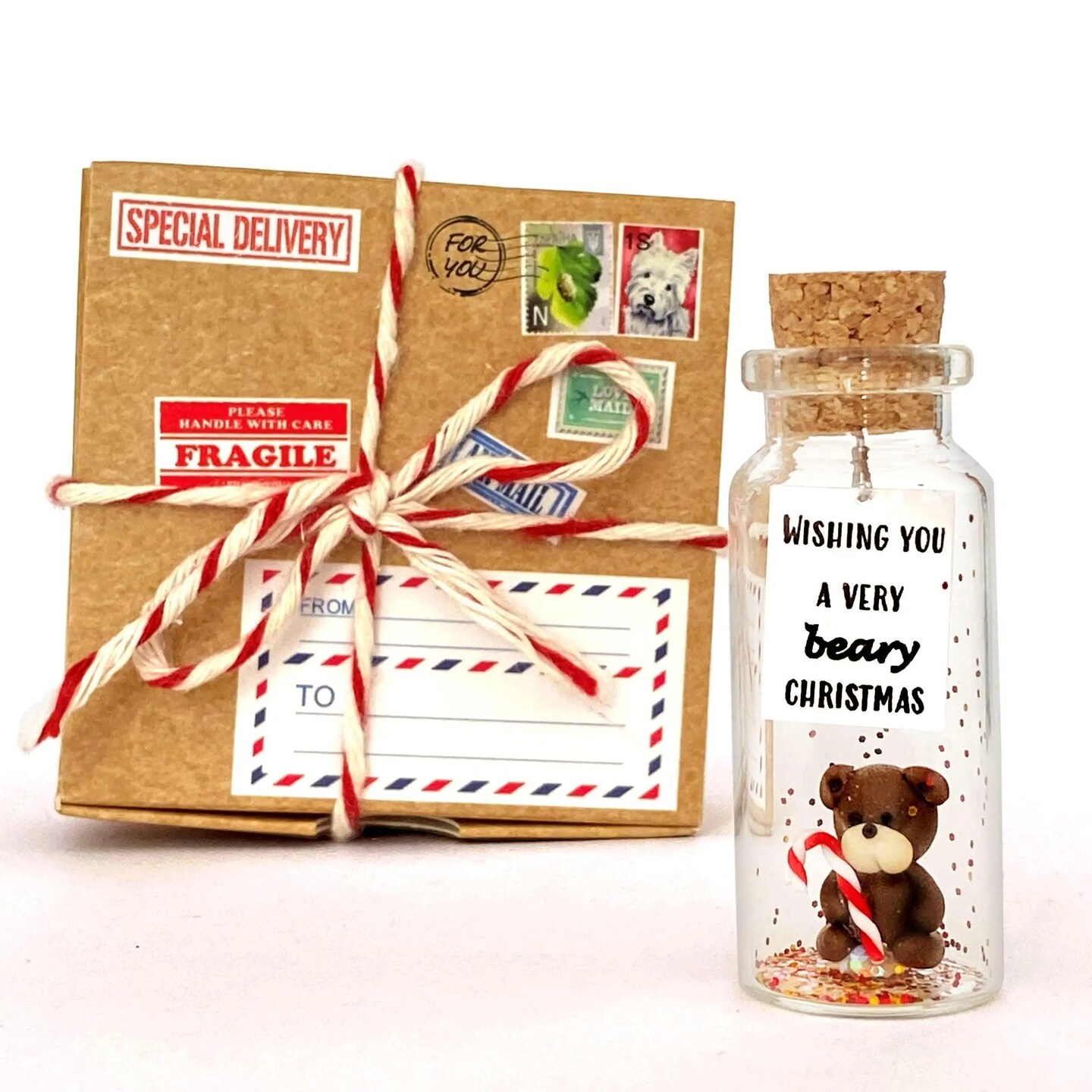 Cute and Kawaii Anniversary Presents Personalized Love Gifts for Boyfriend Girlfriend Romantic Gift for Her Him (Brown Bear Wishing You a Very Beary Christmas in Craft Gift Box)