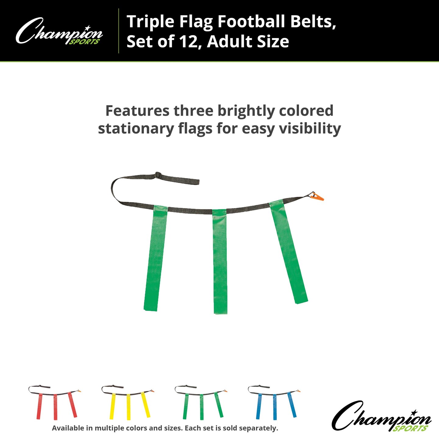Triple Flag Football Set, Adult Size, Green, 32&#x22;-39&#x22;, 12 per pack