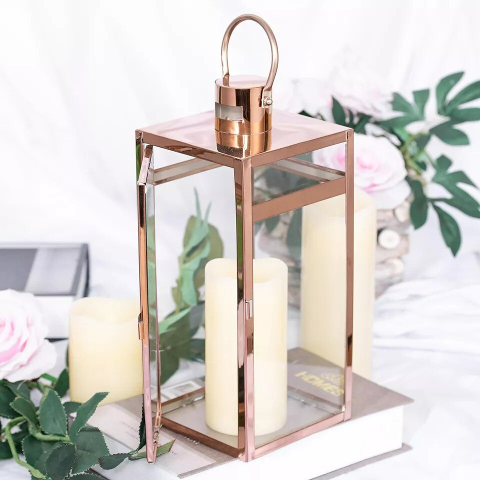 ROSE GOLD 12.5&#x22; tall Metal Lantern Candle Holder Party