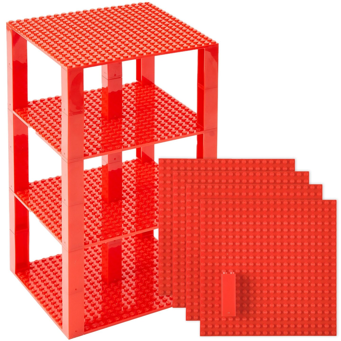 Strictly Briks Classic Stackable Baseplates, Building Bricks For Towers, Shelves, and More, 100% Compatible with All Major Brands, Red, 4 Base Plates & 30 Stackers, 6x6 Inches