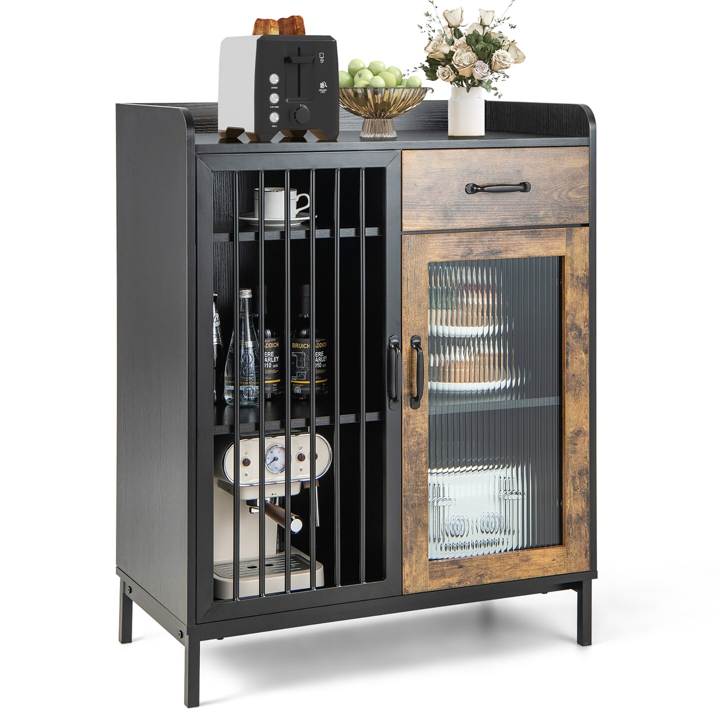 Costway Kitchen Sideboard Buffet Bar Cabinet Accent Cupboard with Metal Glass Door & Drawer