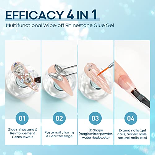 4 Pieces Set Rhinestone Glue for Nail, No Wipe Nail Gem Glue, Super Strong Adhesive Glue Gel with Nail Charms &#x26; Dual-Use Nail Brush for Nail Rhinestones/Nail Jewelry/Nail Diamonds