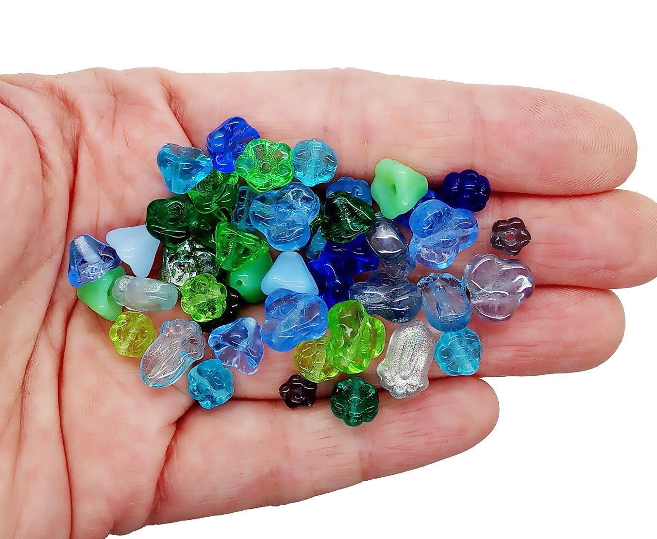 Green &#x26; Blue Glass Flower Bead Mix, 50 Assorted Pieces, Adorabilities