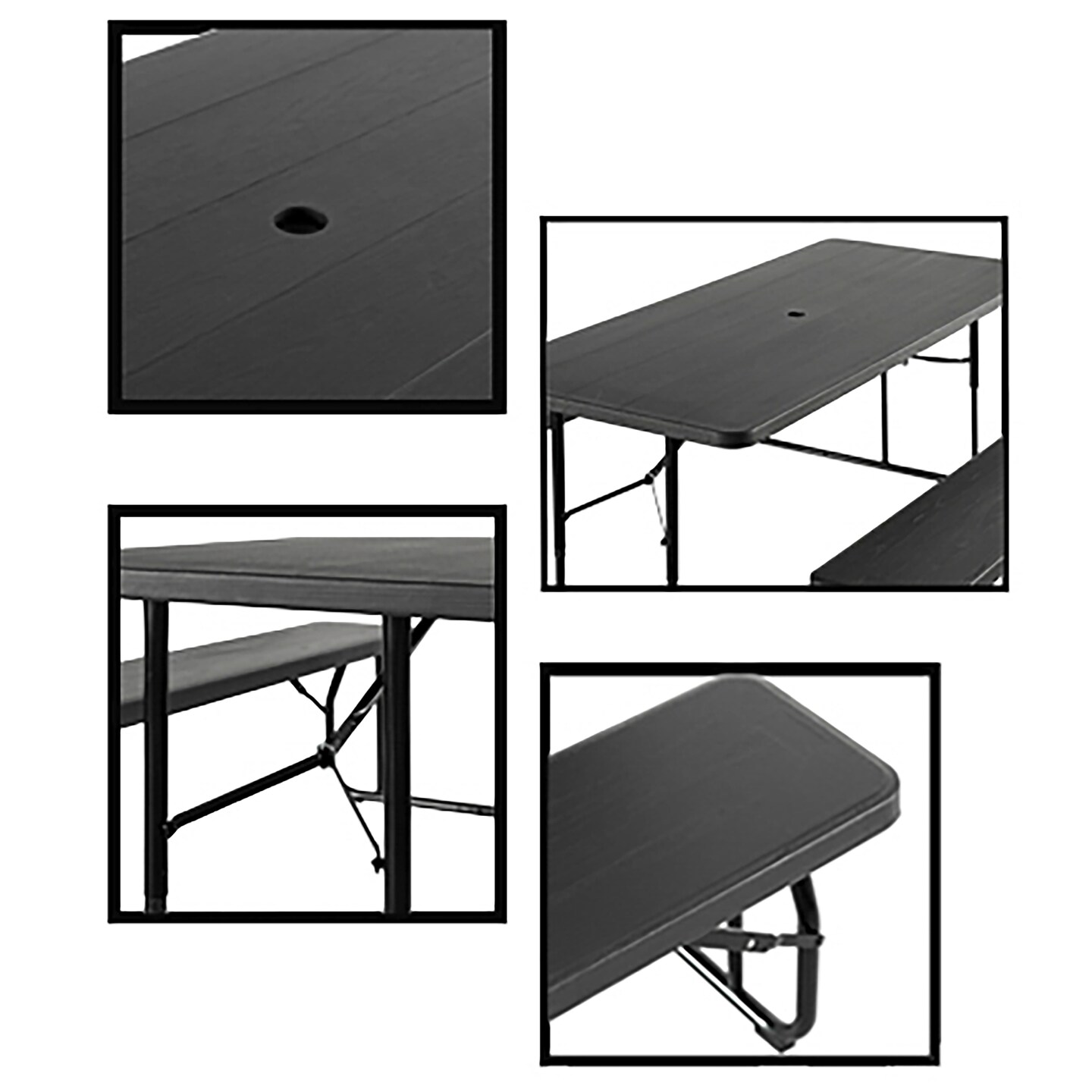 Outdoor Foldable Woodgrain Picnic Table Set with Metal Frame 6 Ft. Black