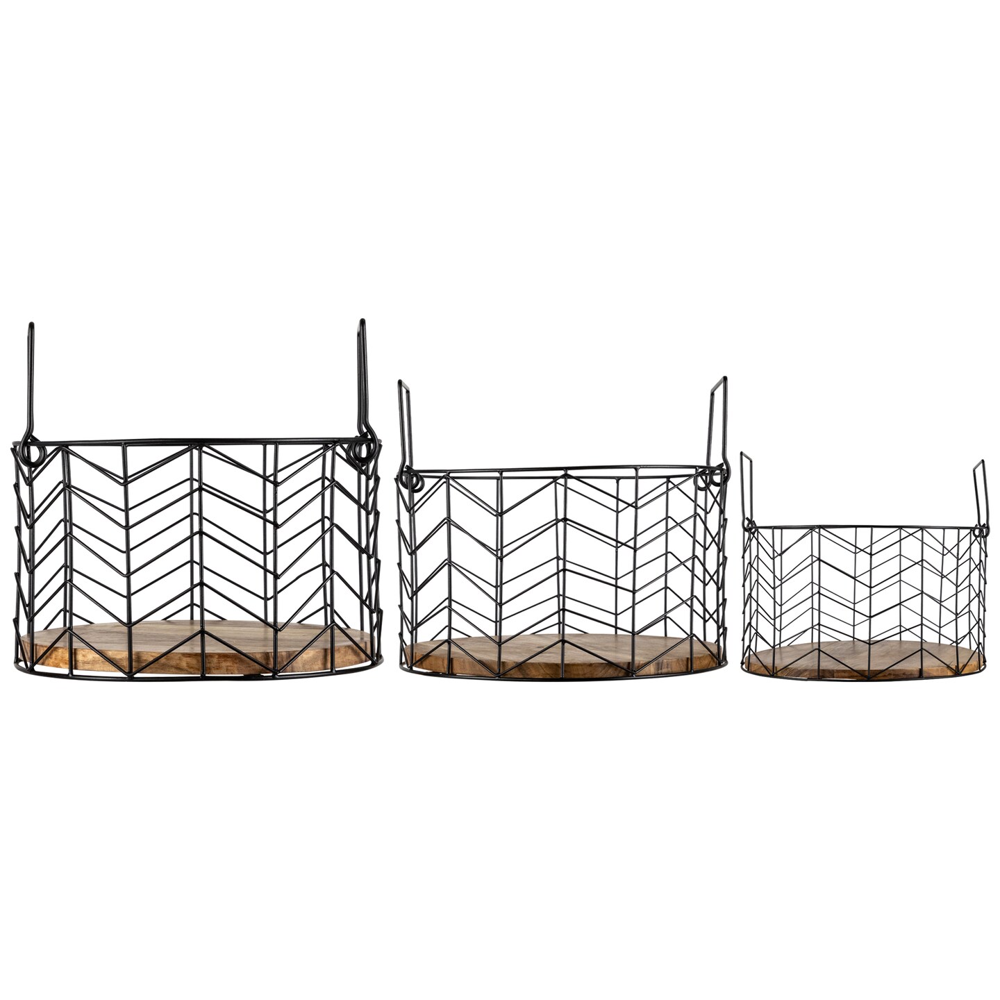 Northlight Round Iron Nesting Baskets with Natural Wood Base - 14" - Set of 3