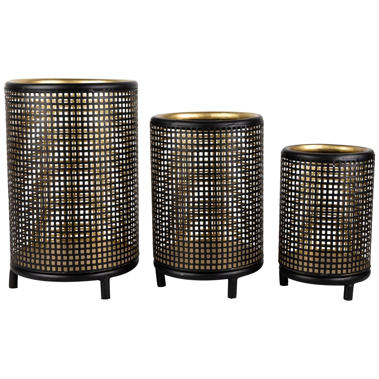 Northlight Iron Grid Pillar Candle Holders - 12&#x22; - Black and Gold Finish - Set of 3
