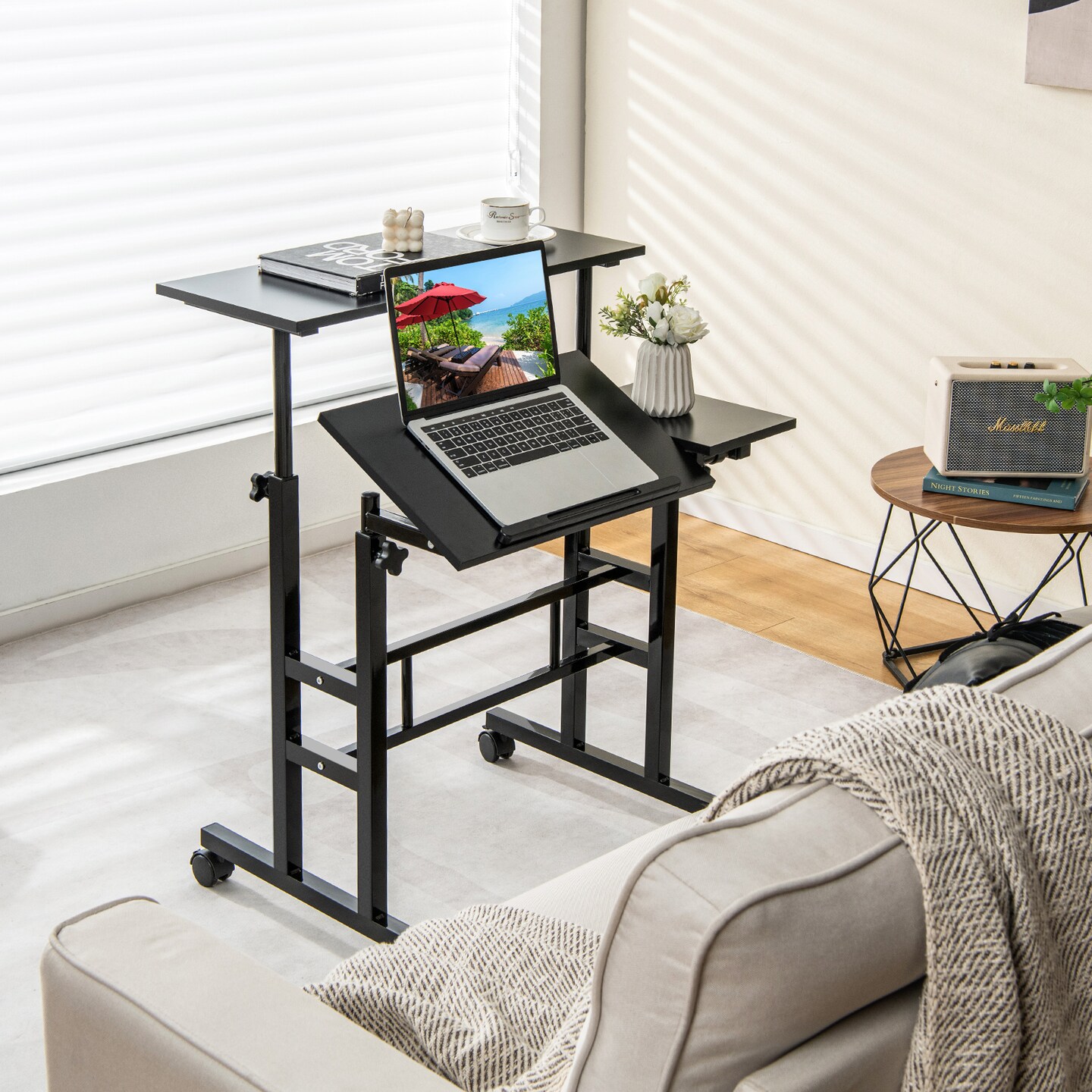Costway Mobile Stand up Computer Desk Rolling Standing Laptop Cart with 2 Tilting Desktops Sitting Standing Modes Height Adjustable Home Office Black