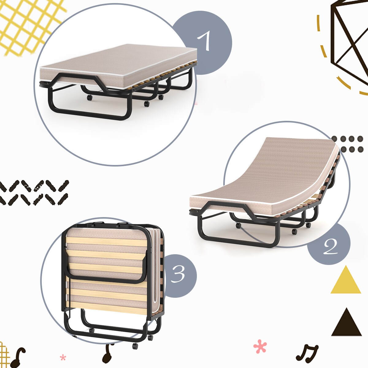 Costway Folding Bed Rollaway Guest Bed w/ Memory Foam Sturdy Metal Frame &#x26; Foam Mattress Living Room Guest Room Office Made in Italy