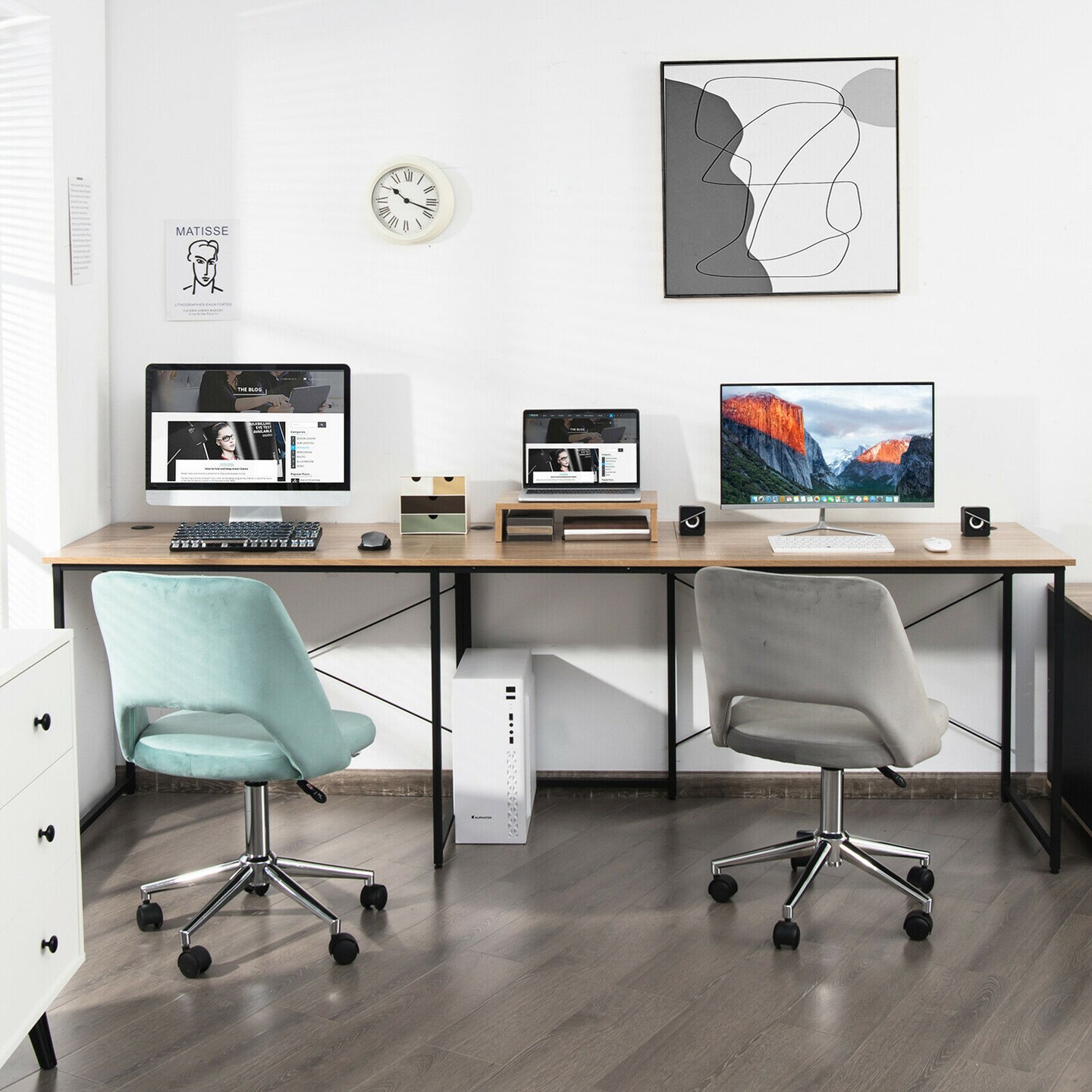 Costway L-Shaped Reversible Computer Desk 2-Person Long Table w/Monitor  Stand Rustic Brown