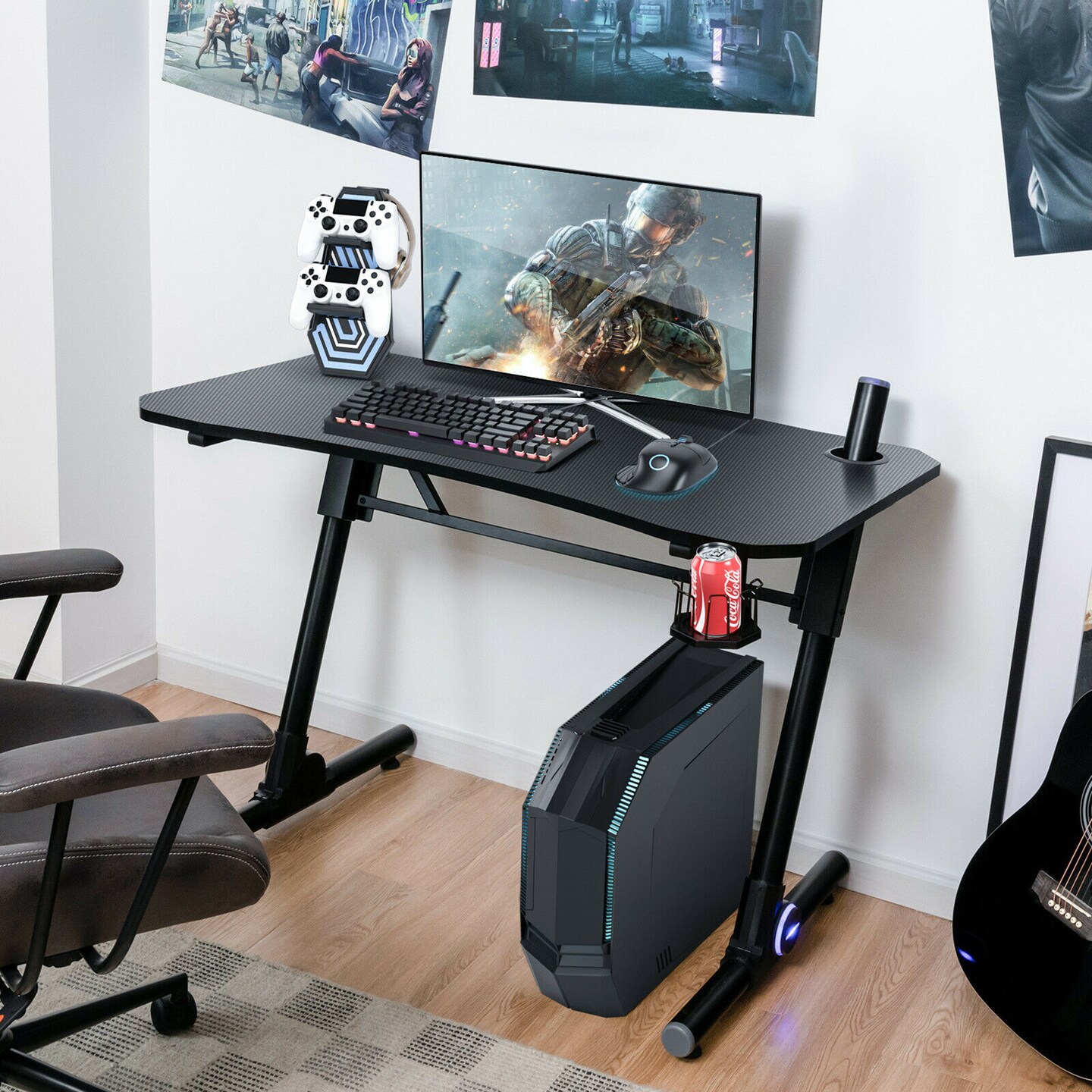 Costway Gaming Computer Desk Height Adjustable w/ LED Light & Gaming Handle Rack