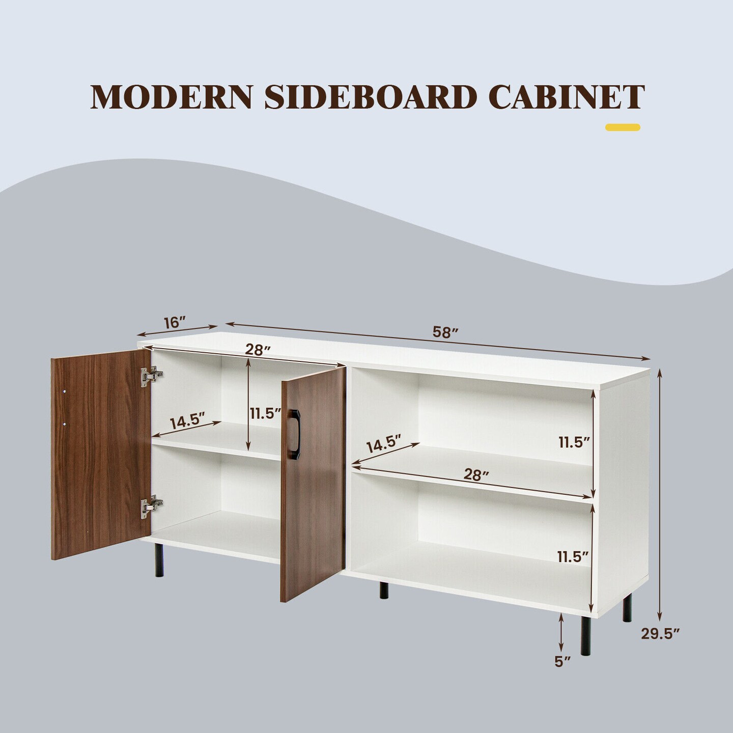 Sideboard Cabinet with Open Shelves Doors and Sturdy Metal Legs Walnut White