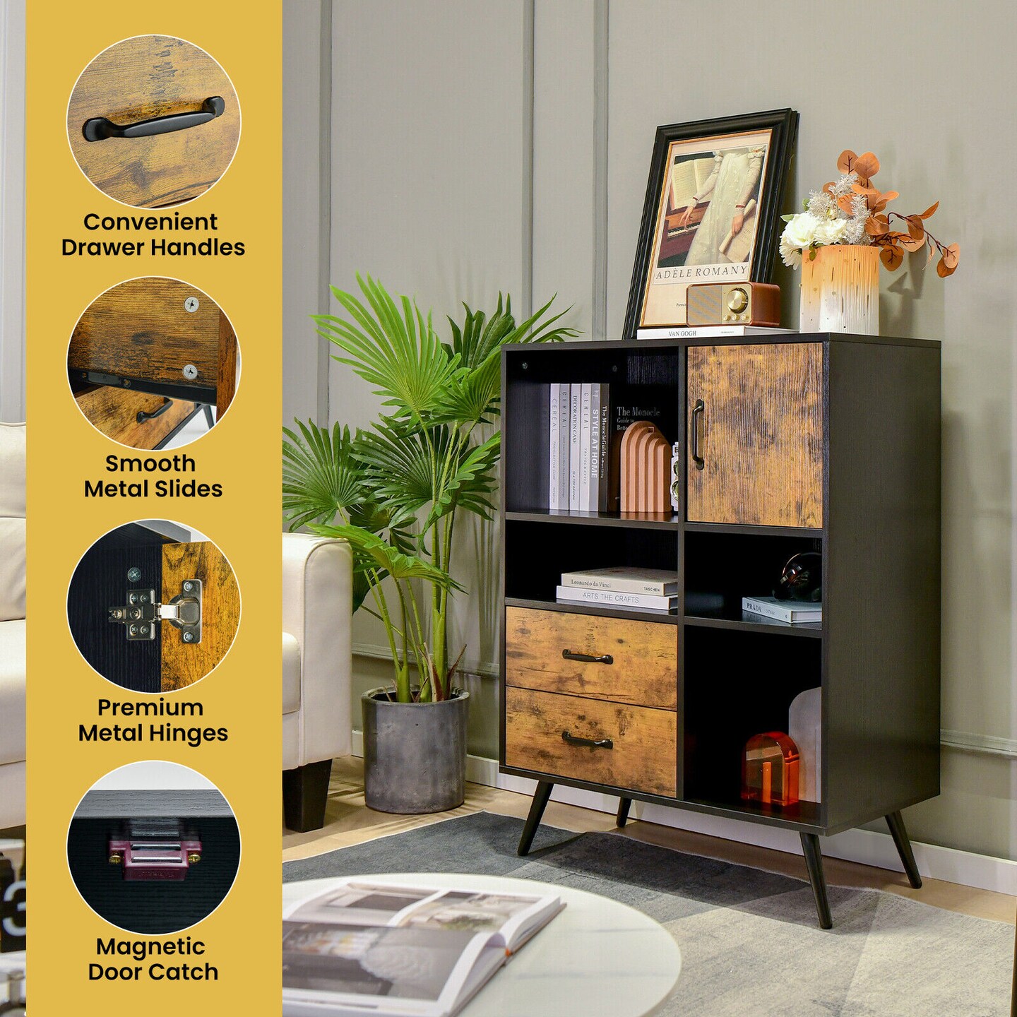 Industrial Sideboard Cabinet with Drawer Storage and Open Compartments Brown Black