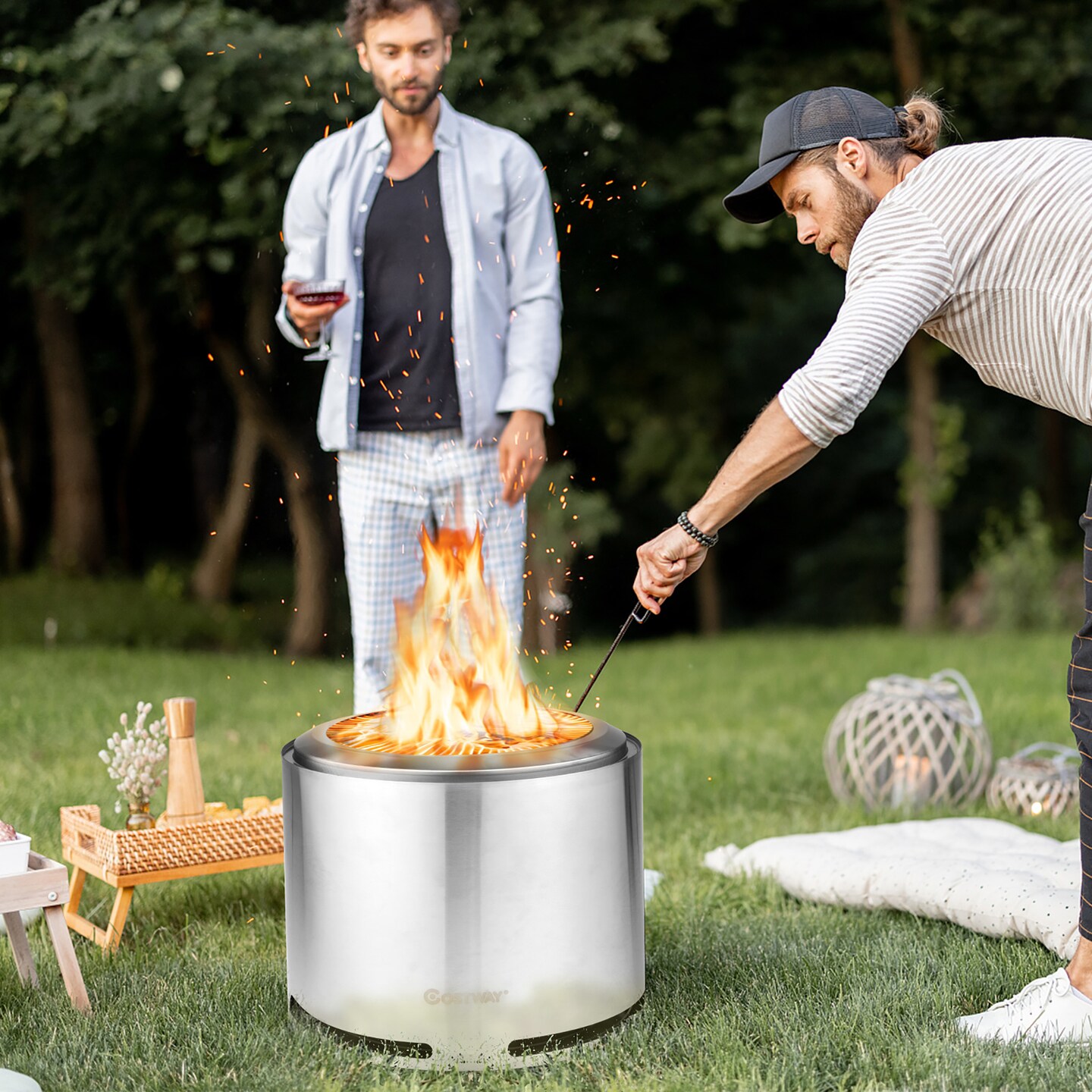 Costway 18.5&#x27;&#x27; Smokeless Fire Pit 304 Stainless Steel Stove Bonfire with Waterproof Cover