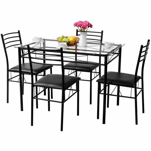 5 pcs Dining Glass Top Table &#x26; 4 Upholstered Chairs