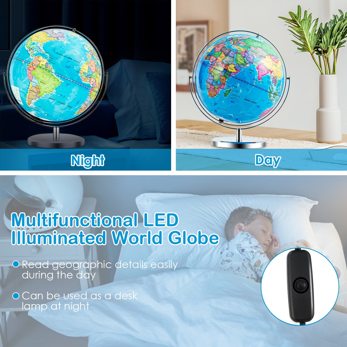 13&#x22; Illuminated World Globe 720&#xC2;&#xB0; Rotating Map with LED Light