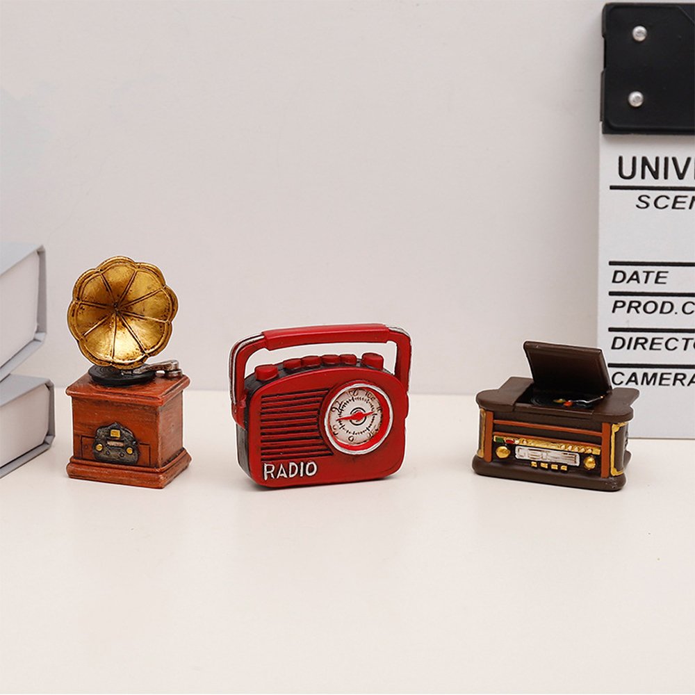 7 Pieces Creative Retro European Resin Figurine for Home Cafe Bar Window Decoration Children Toys and Gift (Incluing Telephones Typewriter Camera Piano Phonograph Radio and Sound player)