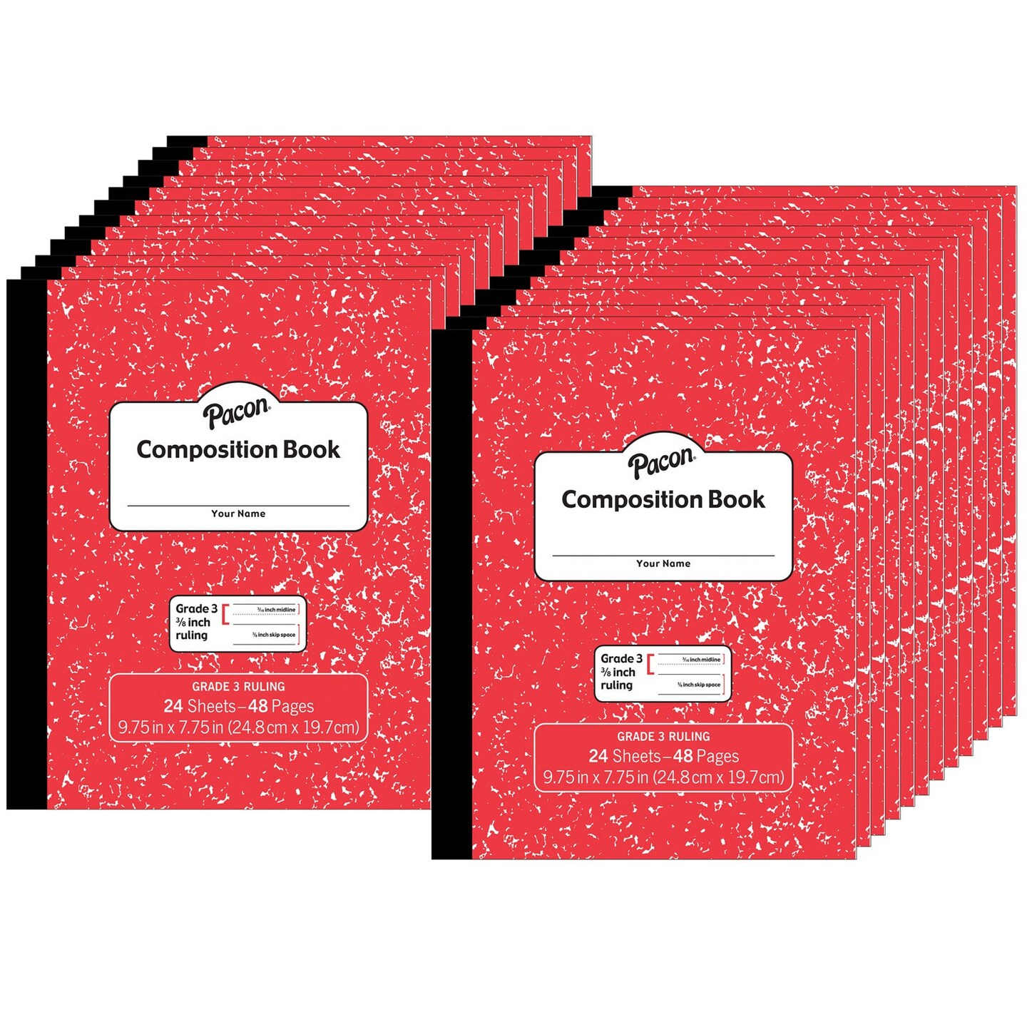 Composition Book, Grade 3, Red Marble, 3/8&#x22; x 3/16&#x22; x 3/16&#x22; Ruled, 9-3/4&#x22; x 7-3/4&#x22;, 24 Sheets, Pack of 24